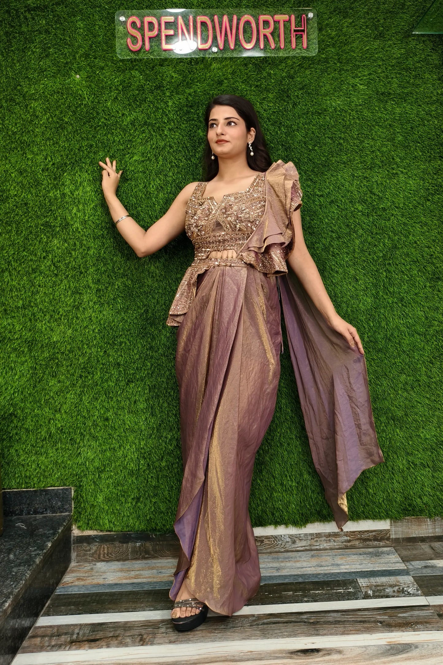 Designer Ready To Wear Drape Dress In Copper Gold