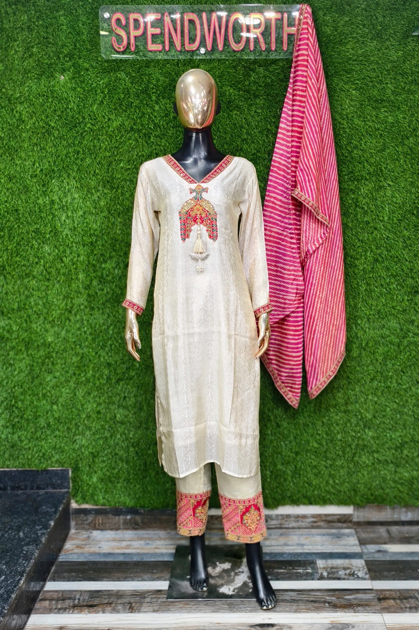 Pure Jacquard Silk Suit With Contrast Printed Duppatta