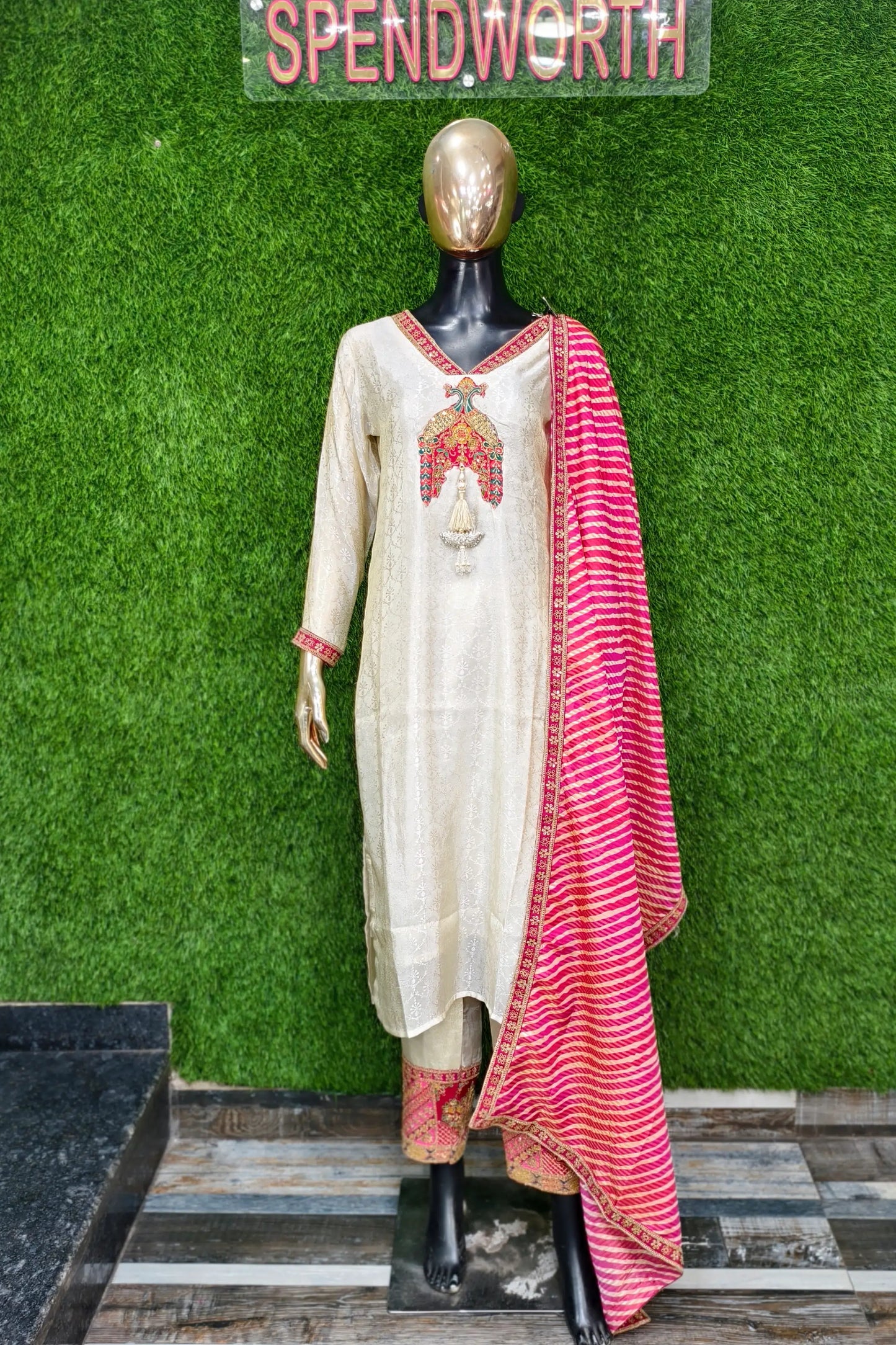 Pure Jacquard Silk Suit With Contrast Printed Duppatta