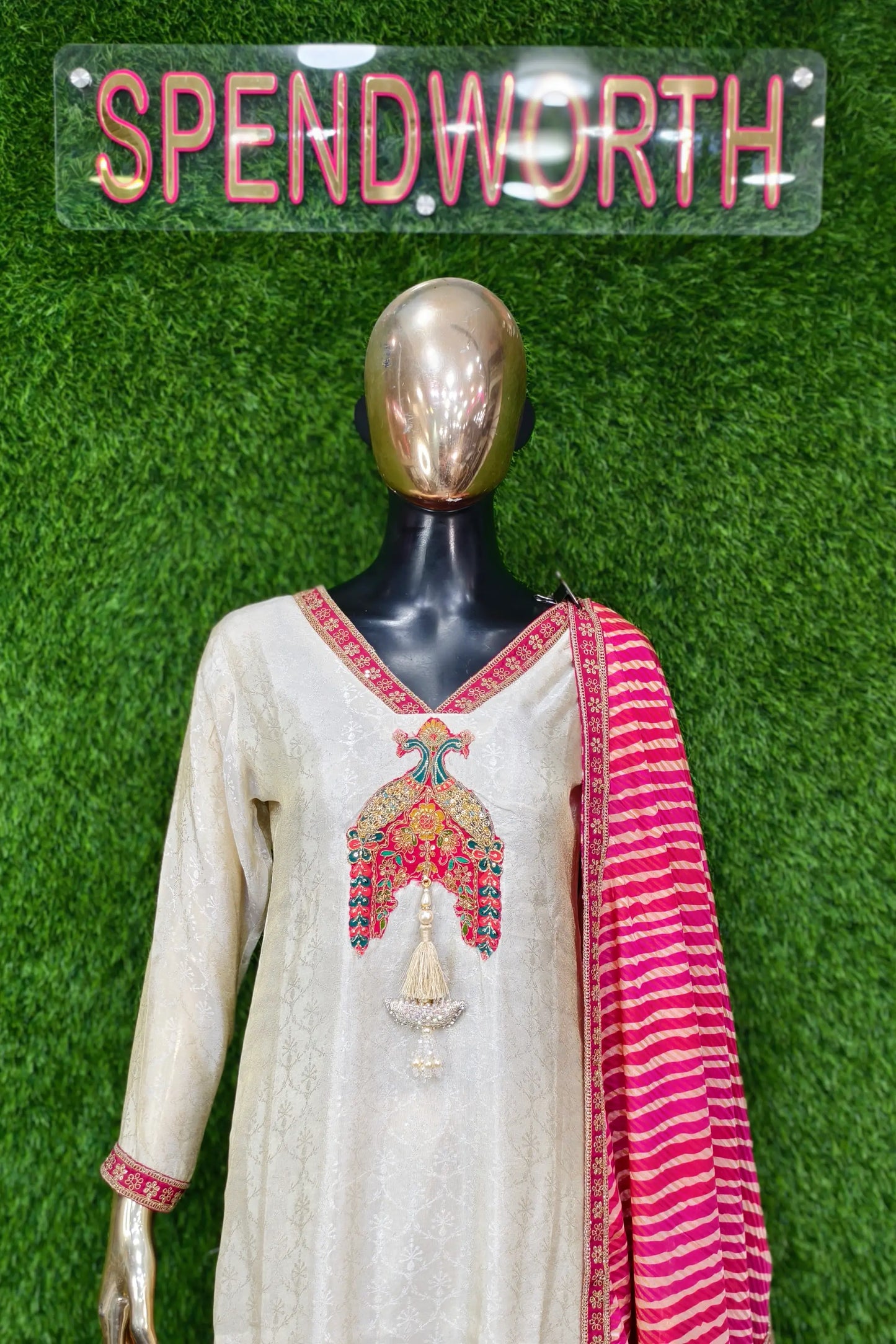 Pure Jacquard Silk Suit With Contrast Printed Duppatta