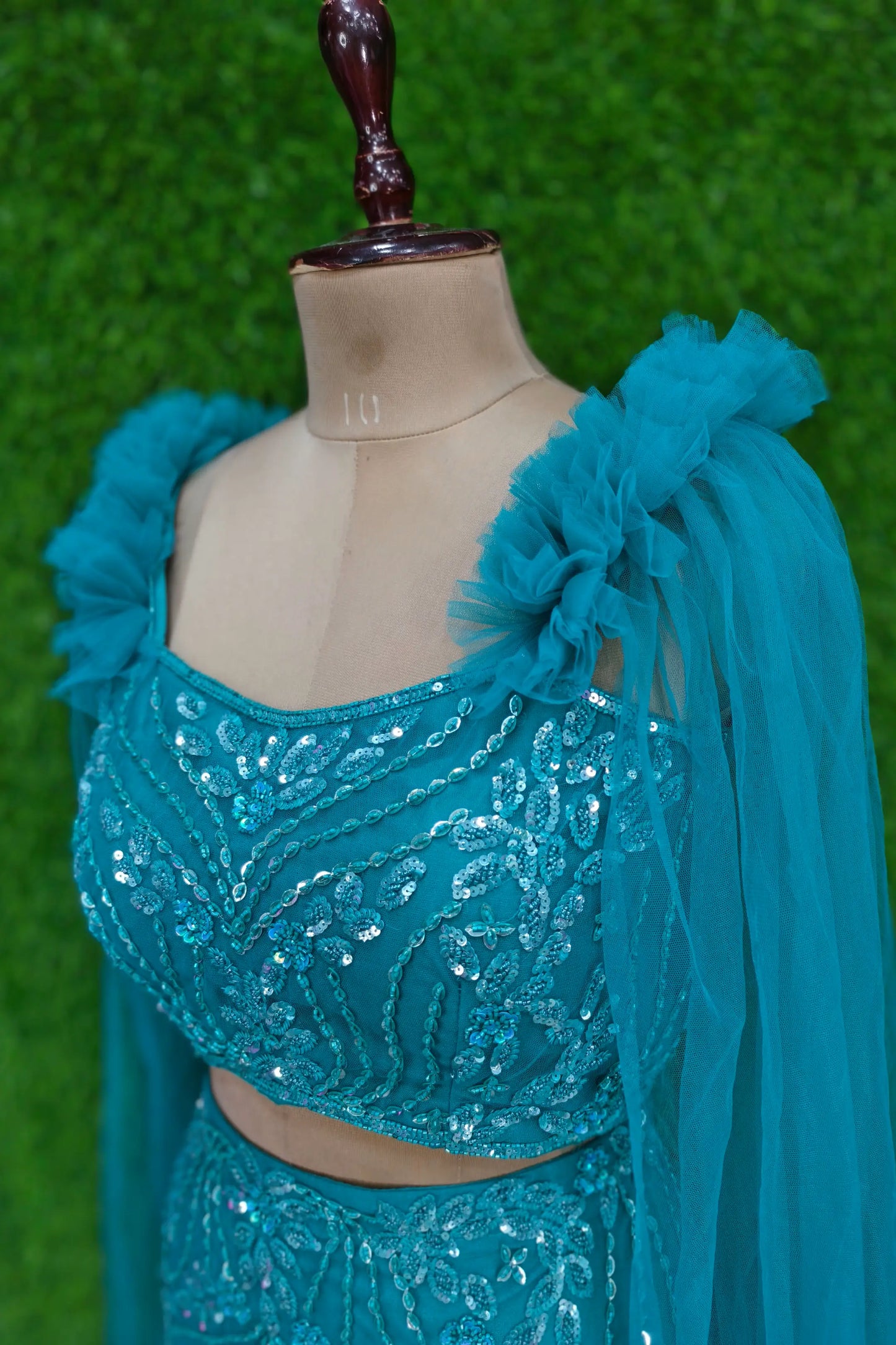 Hand Embellished Fish Cut Dress In Firozi