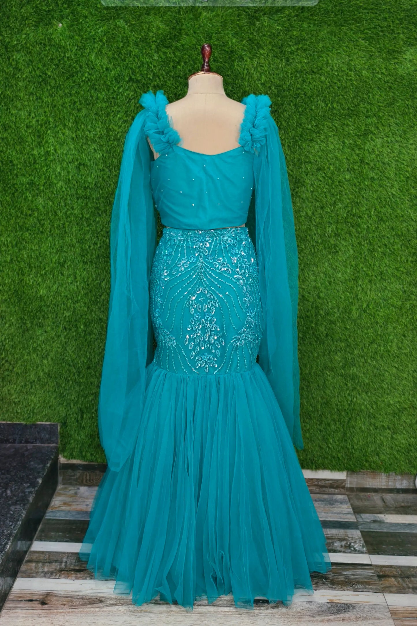 Hand Embellished Fish Cut Dress In Firozi