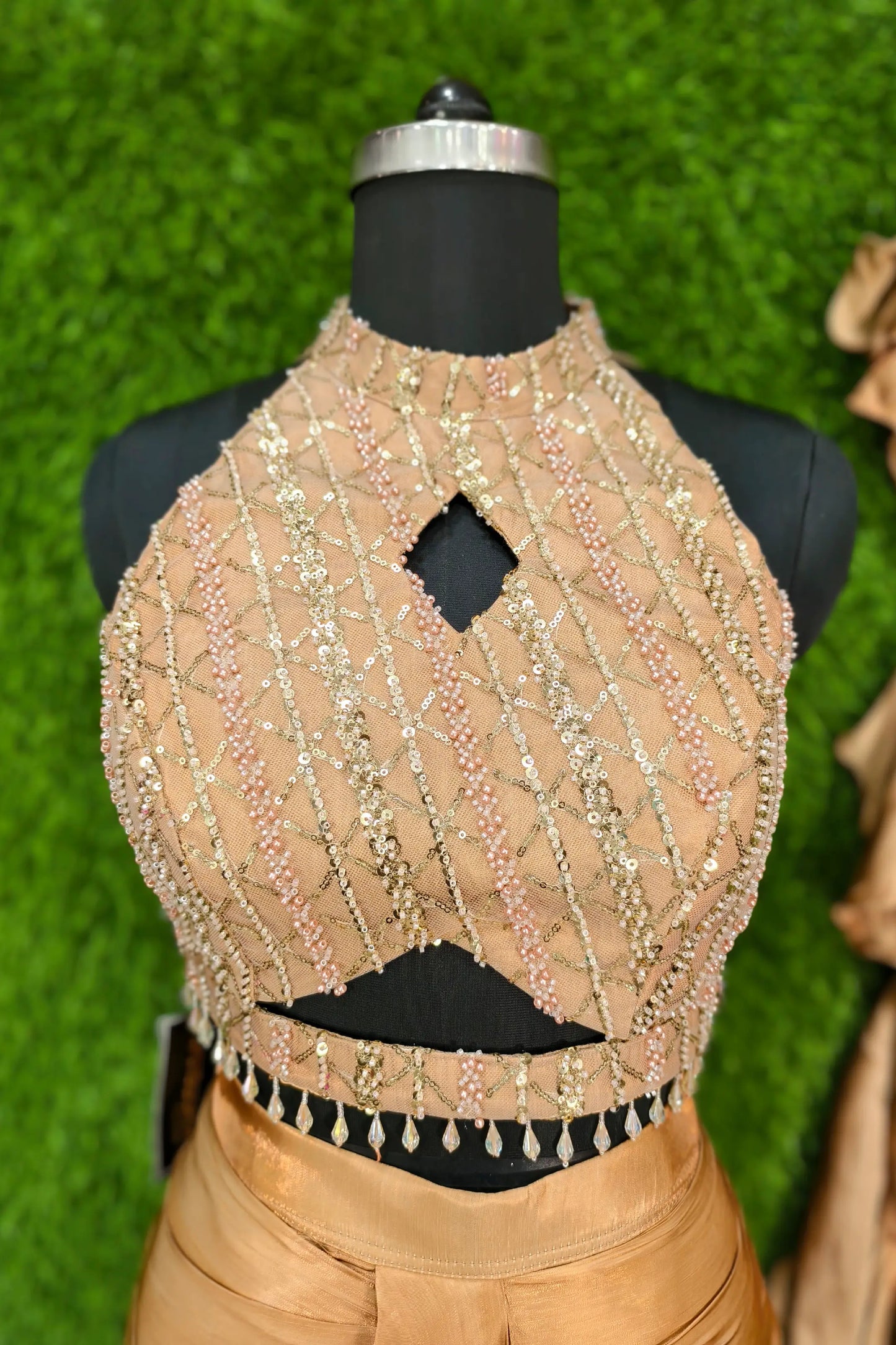 Halter Neck Hand Work Blouse Readymade Dress In Golden