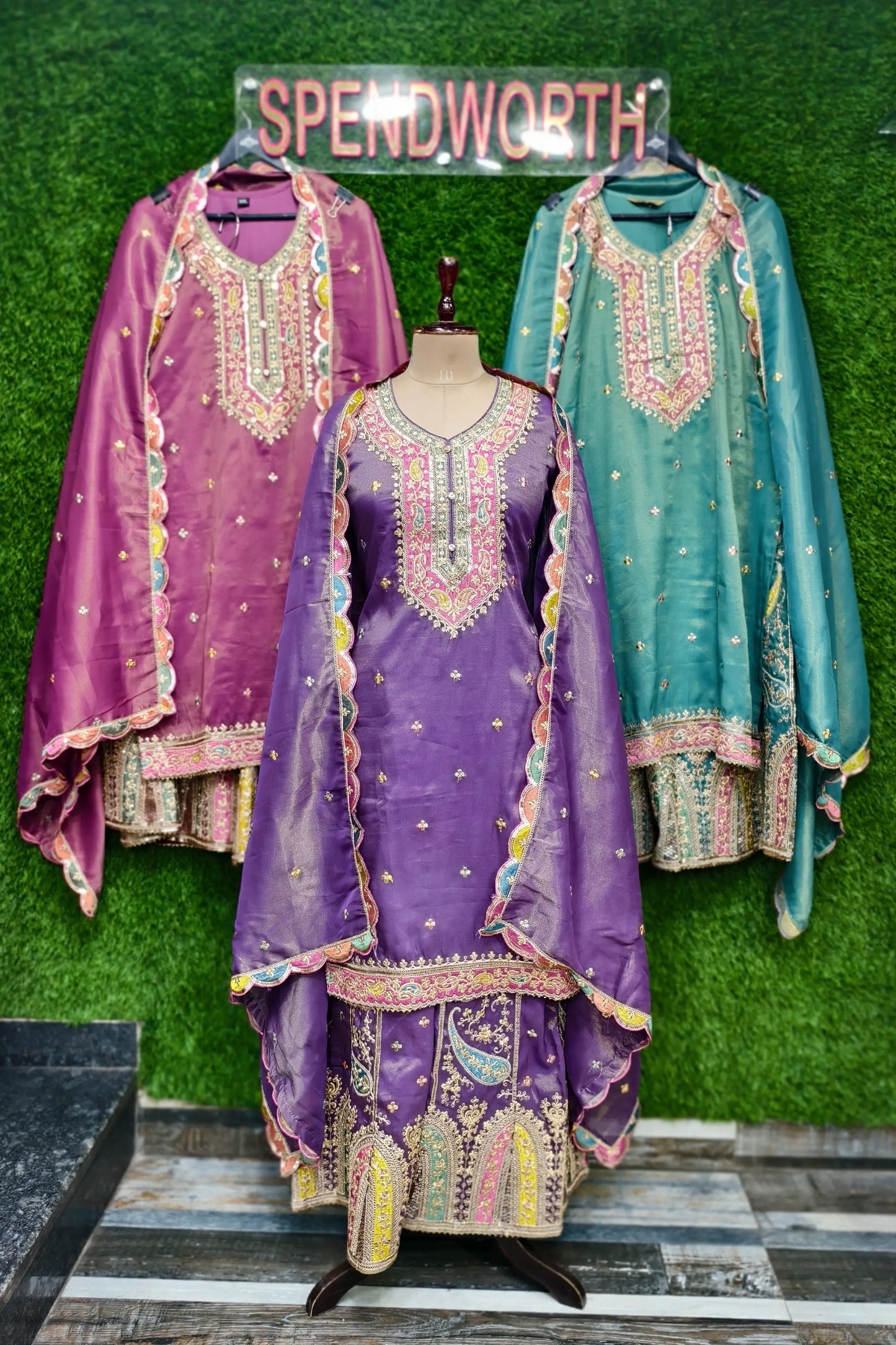 Multi Embroidered Sharara Suit In Chinnon Silk