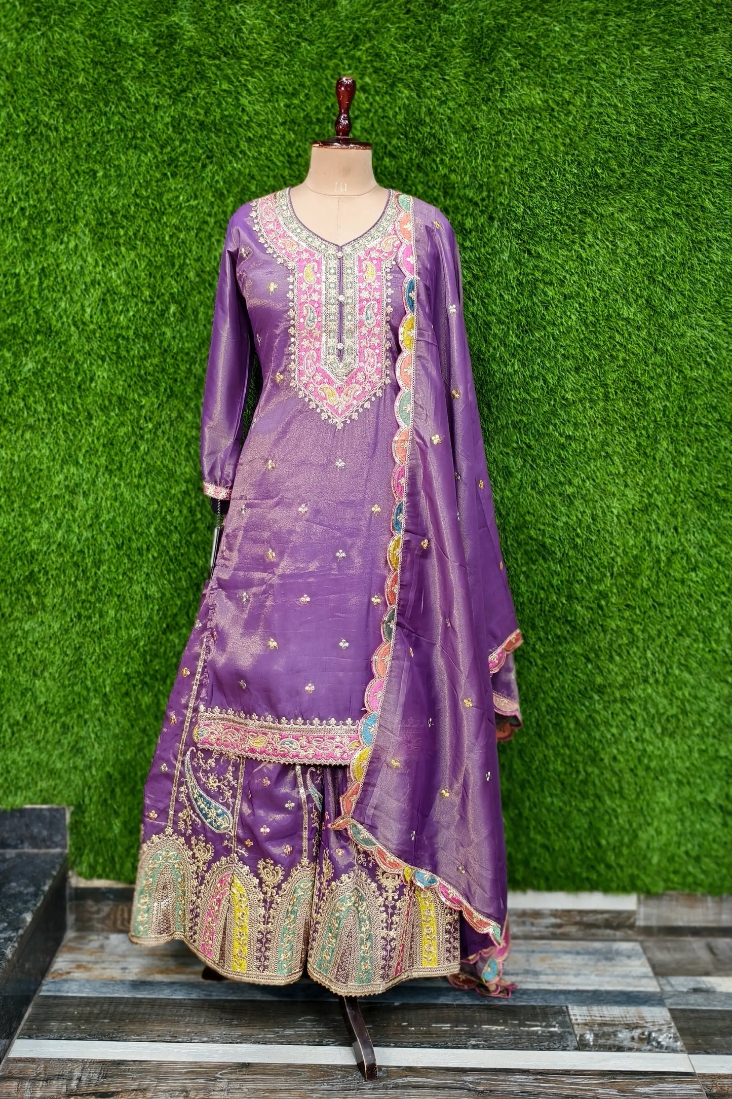 Multi Embroidered Sharara Suit In Chinnon Silk