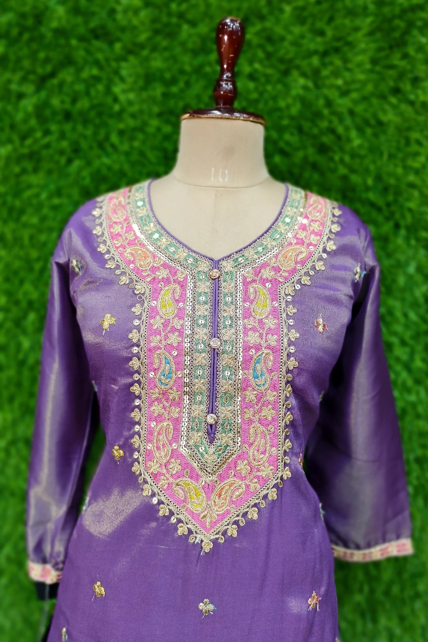Multi Embroidered Sharara Suit In Chinnon Silk