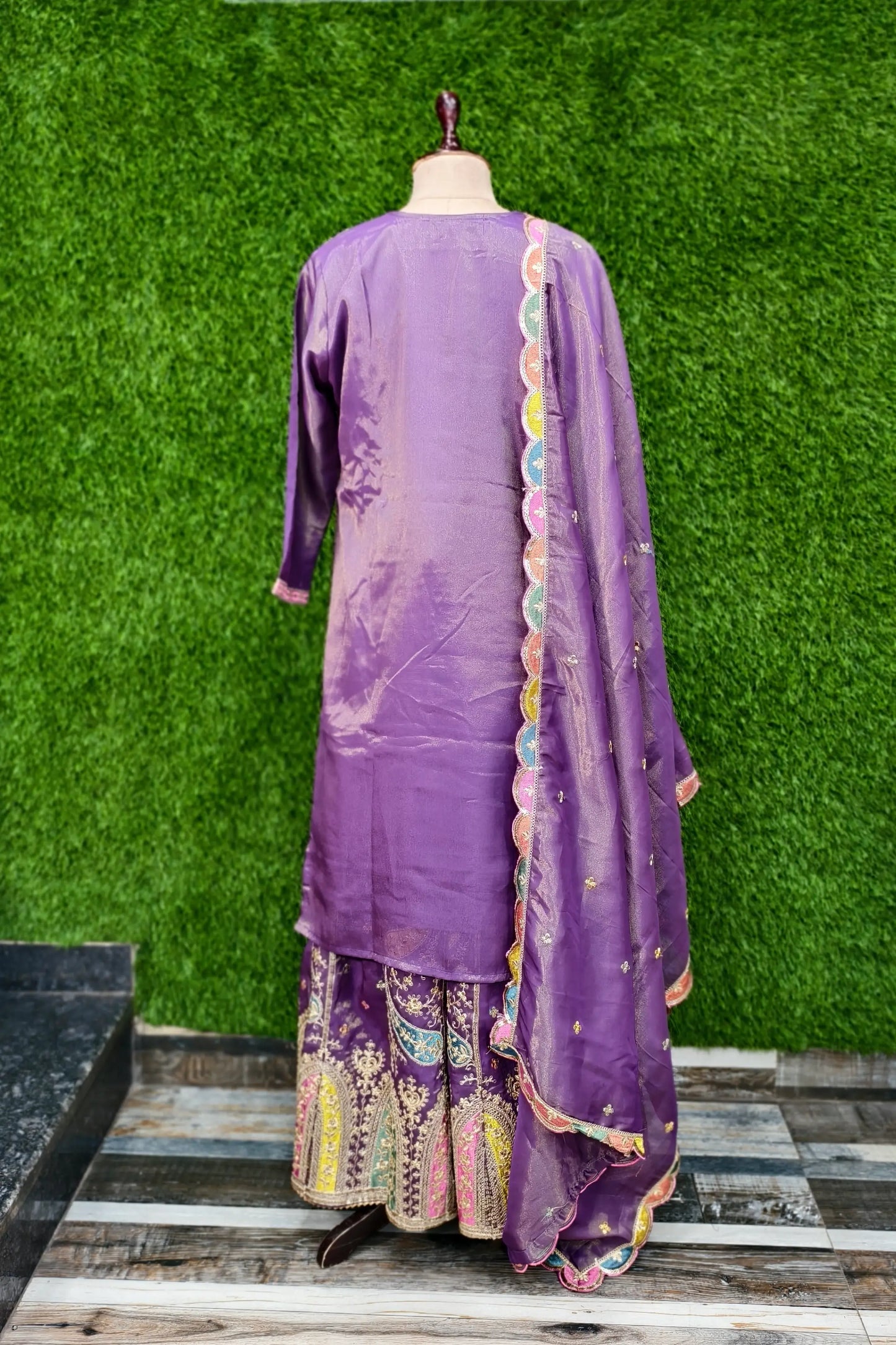 Multi Embroidered Sharara Suit In Chinnon Silk