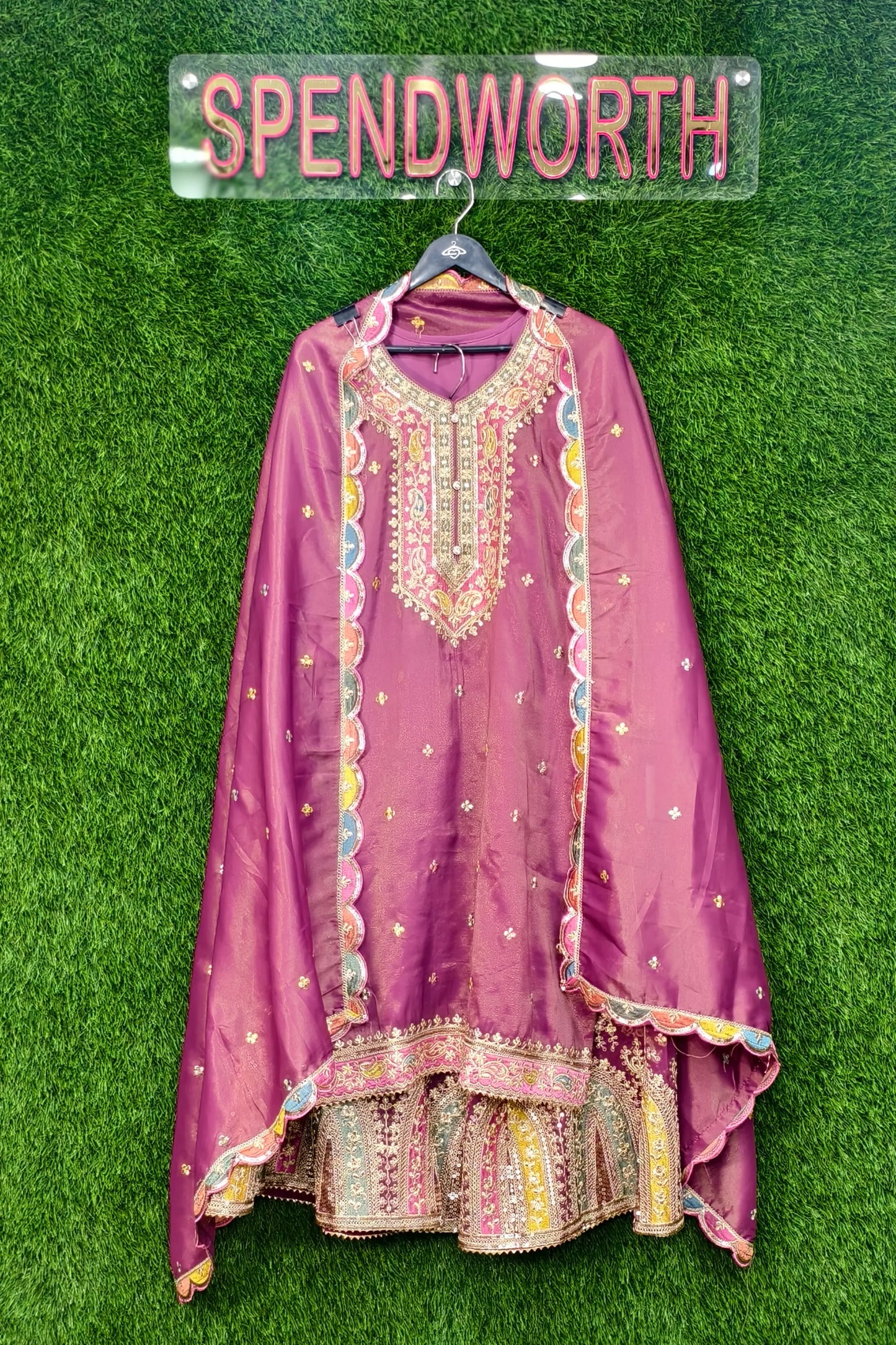Multi Embroidered Sharara Suit In Chinnon Silk
