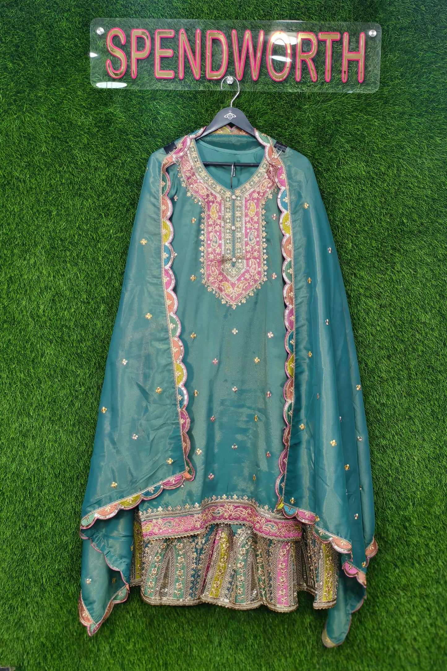Multi Embroidered Sharara Suit In Chinnon Silk