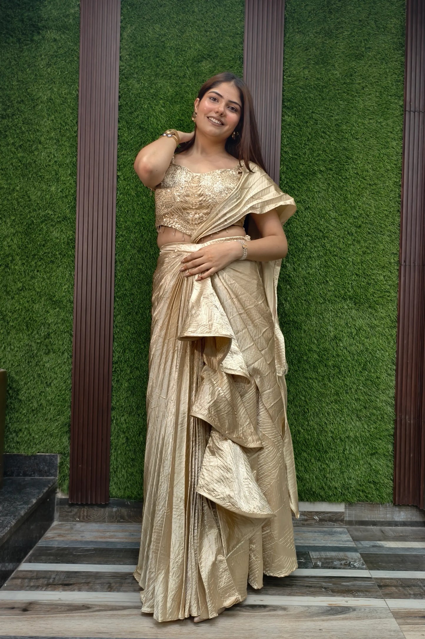 Designer Ruffle Dress In Golden With Spaghetti Hand Work Blouse