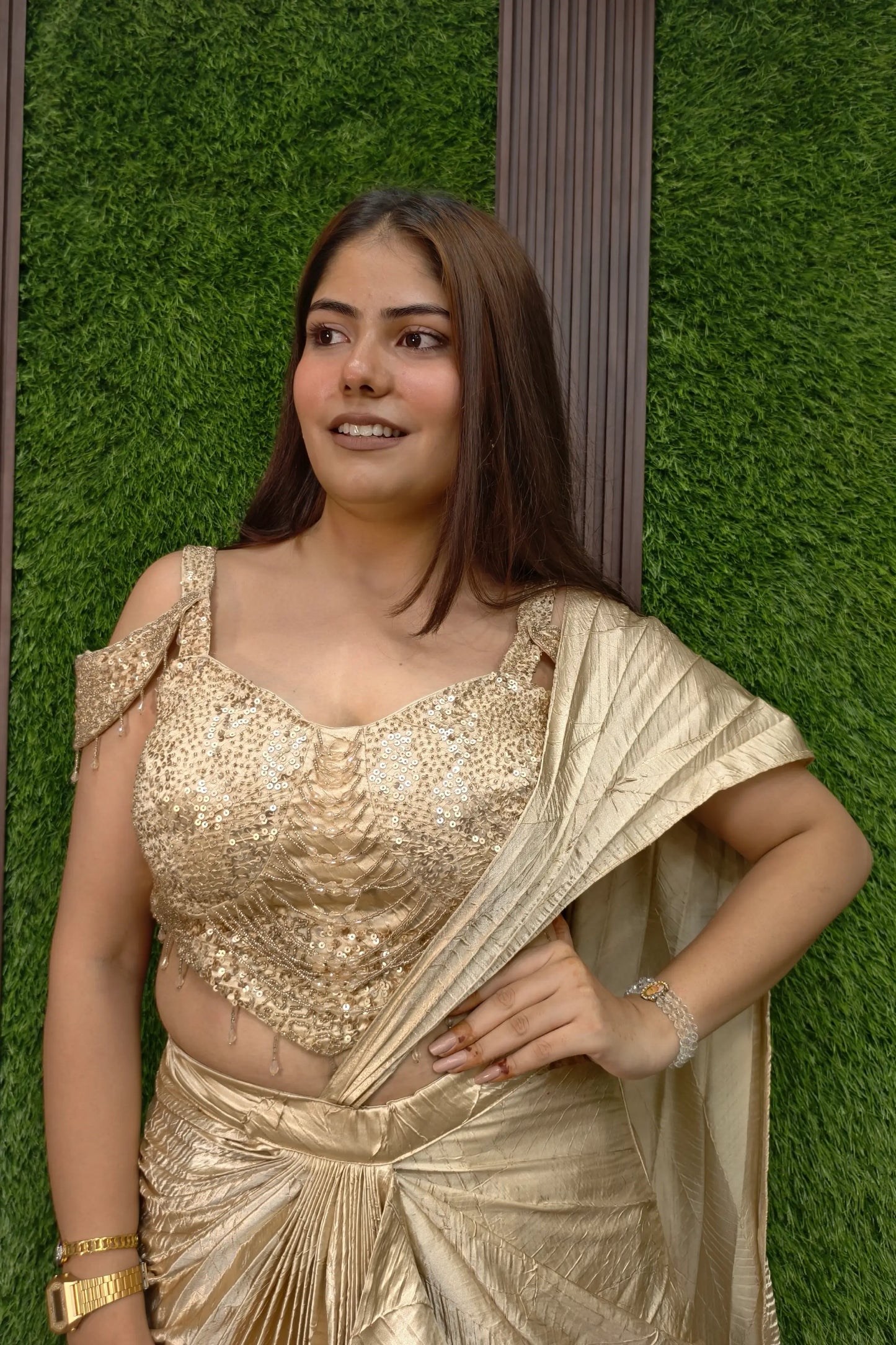 Designer Ruffle Dress In Golden With Spaghetti Hand Work Blouse