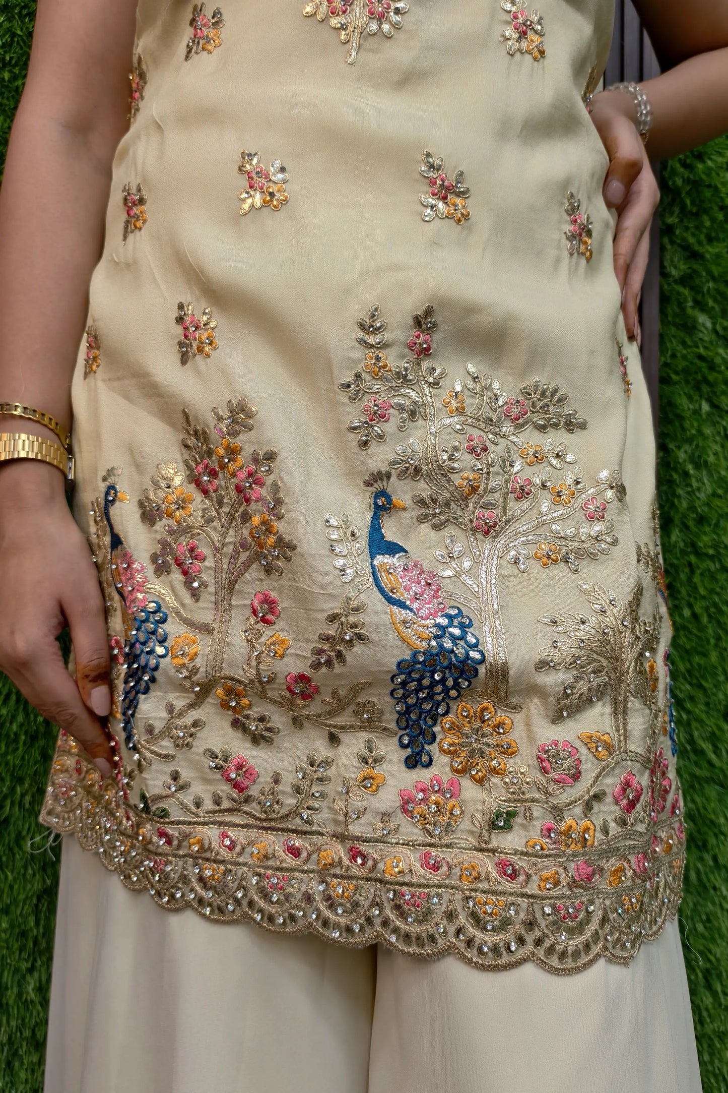 Pure Chinnon Silk Embroidered Sharara Suit In Light Gold