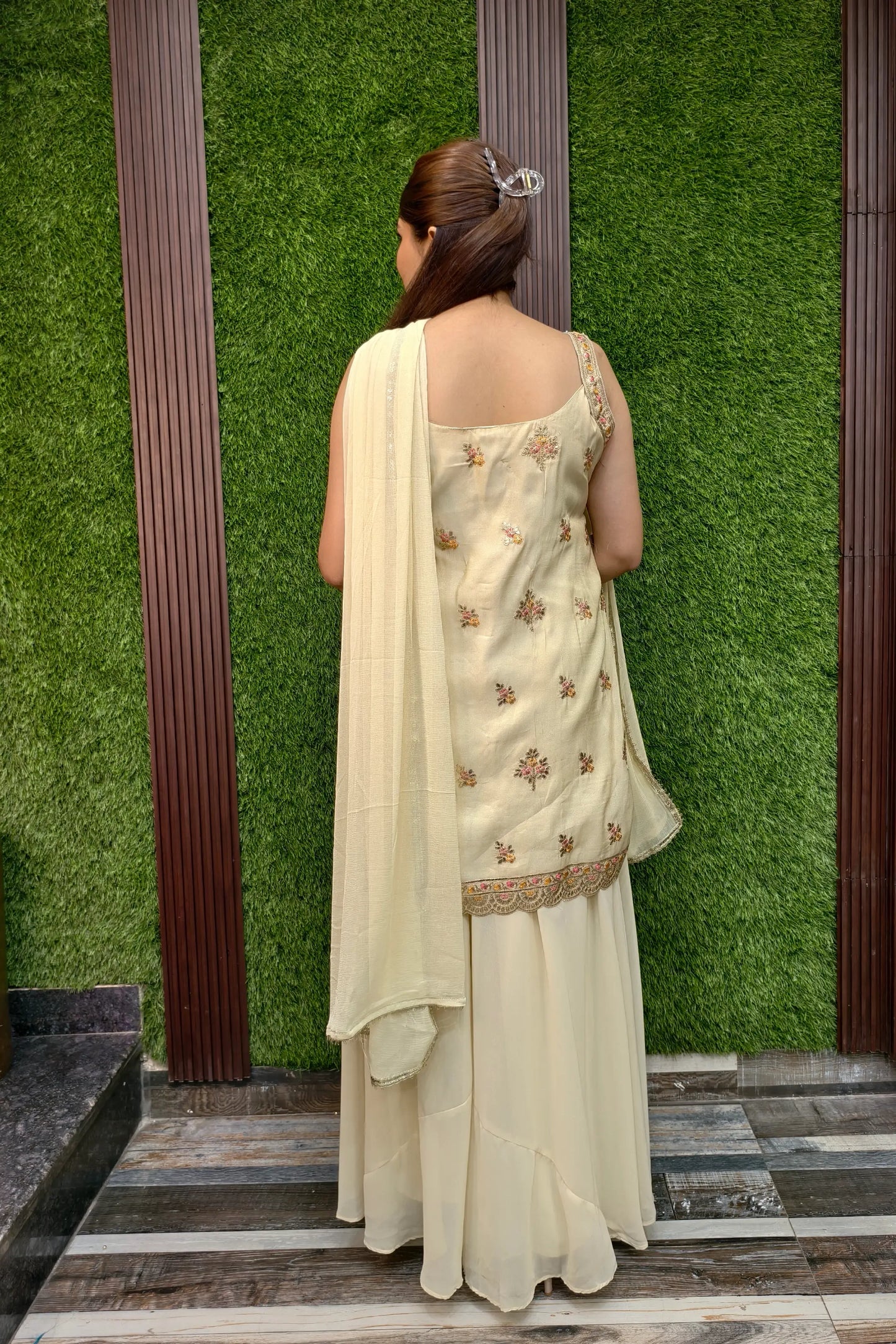 Pure Chinnon Silk Embroidered Sharara Suit In Light Gold