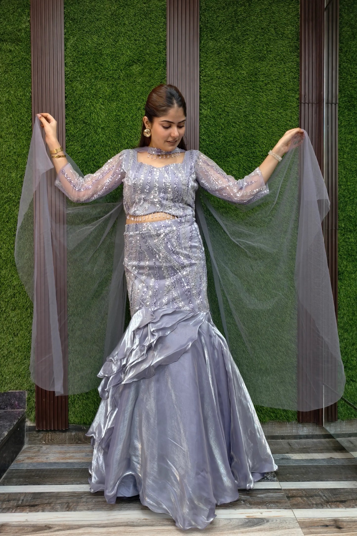 Ruffles Designer Fish Cut Lehenga Choli In Hand Work