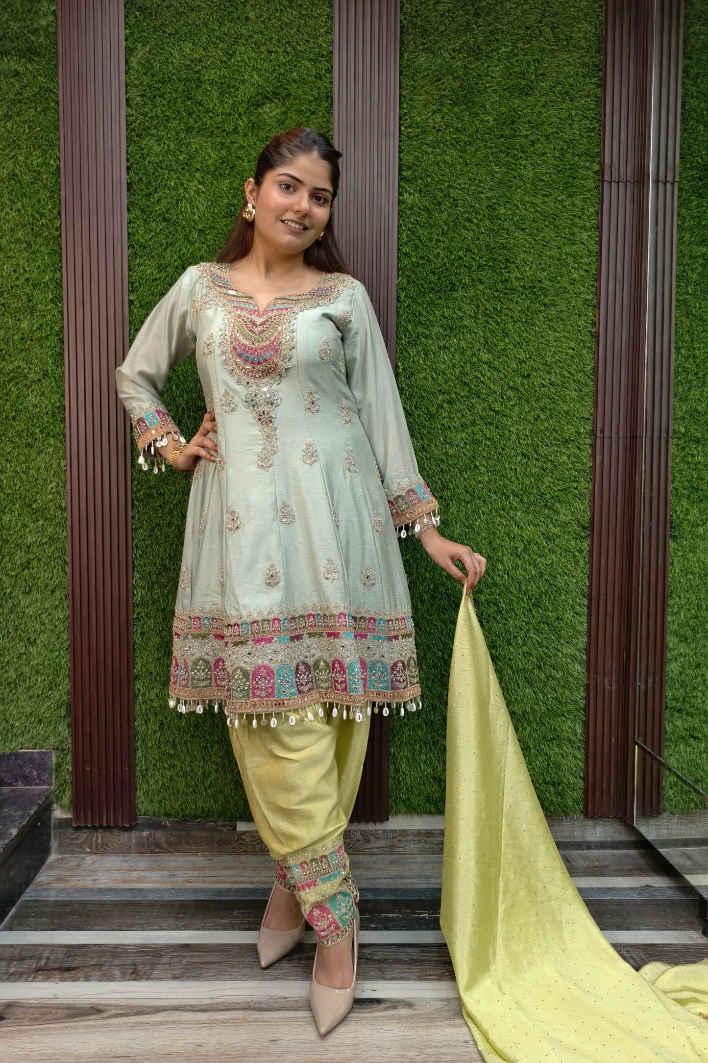 Farshi Salwar Suit With Multi Embroidery Detailing