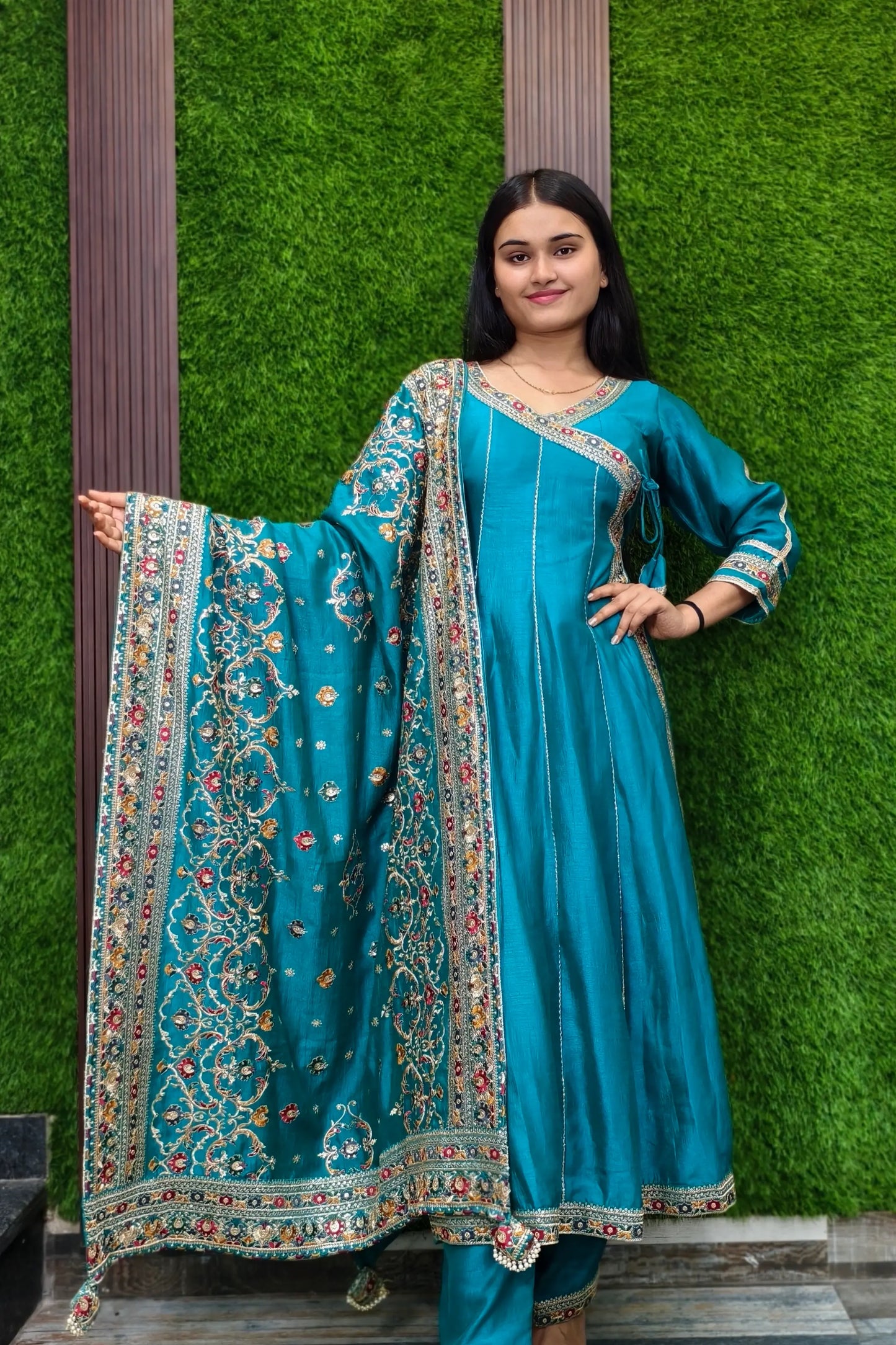 Beautiful Multi Embroidered Angrakha Style Anarkali Kurta Set With Duppatta