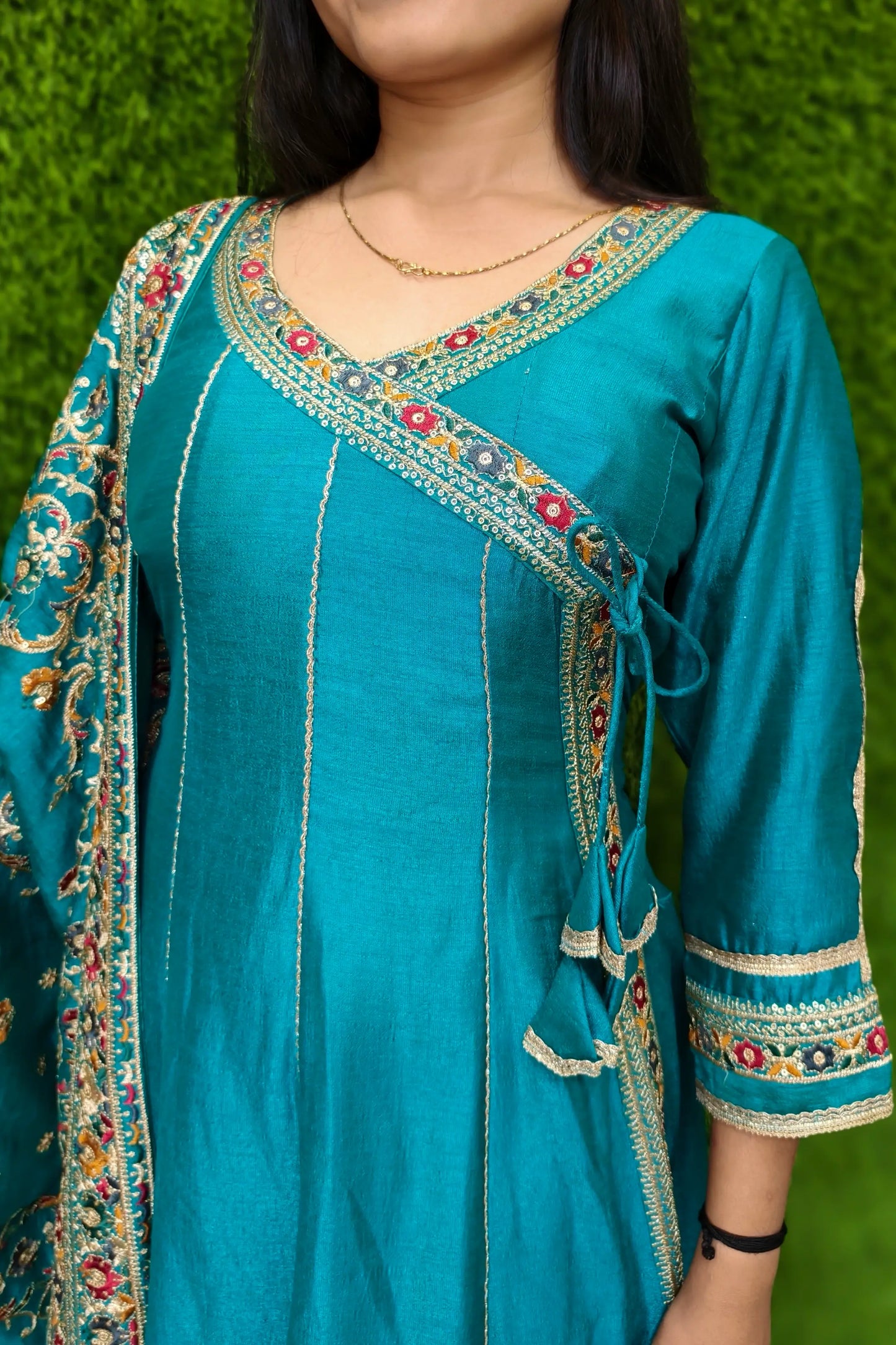 Beautiful Multi Embroidered Angrakha Style Anarkali Kurta Set With Duppatta