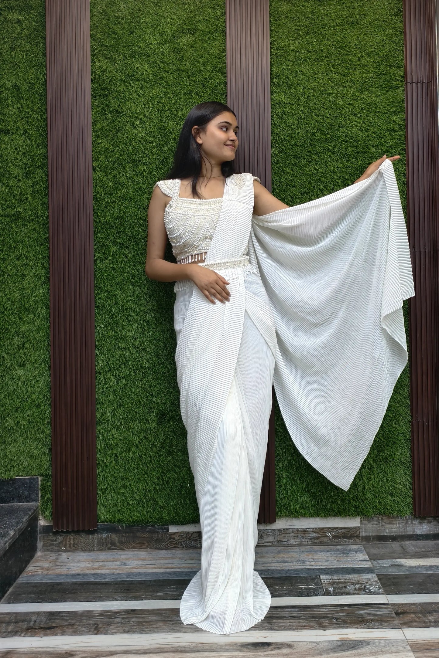 Designer Pearl Beaded Blouse Readymade Drape Saree In Off White