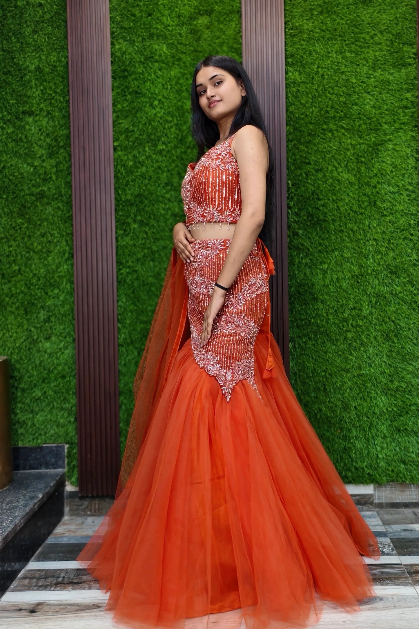 Beautiful Hand Embroidered Fish Cut Lehenga Choli Dress