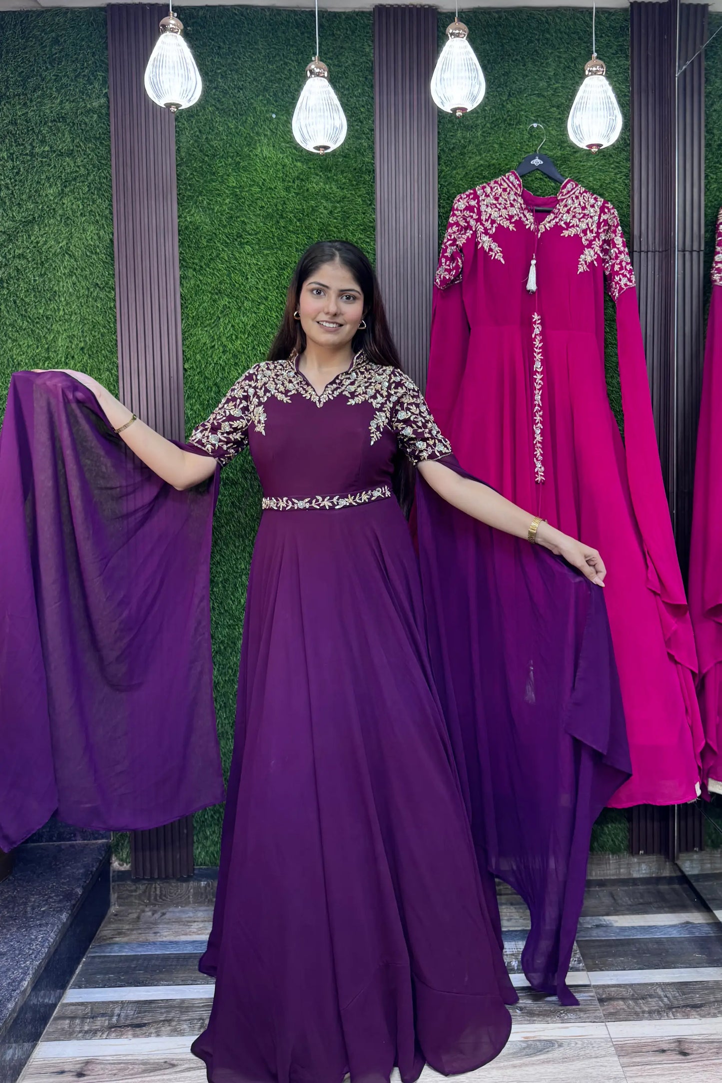 Handworked Georgette Anarkali with Band Neck, Long Sleeves & Waist Belt