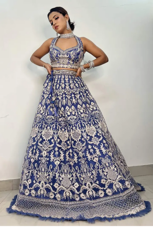 Designer Blouse Lehenga Choli In Mat Blue