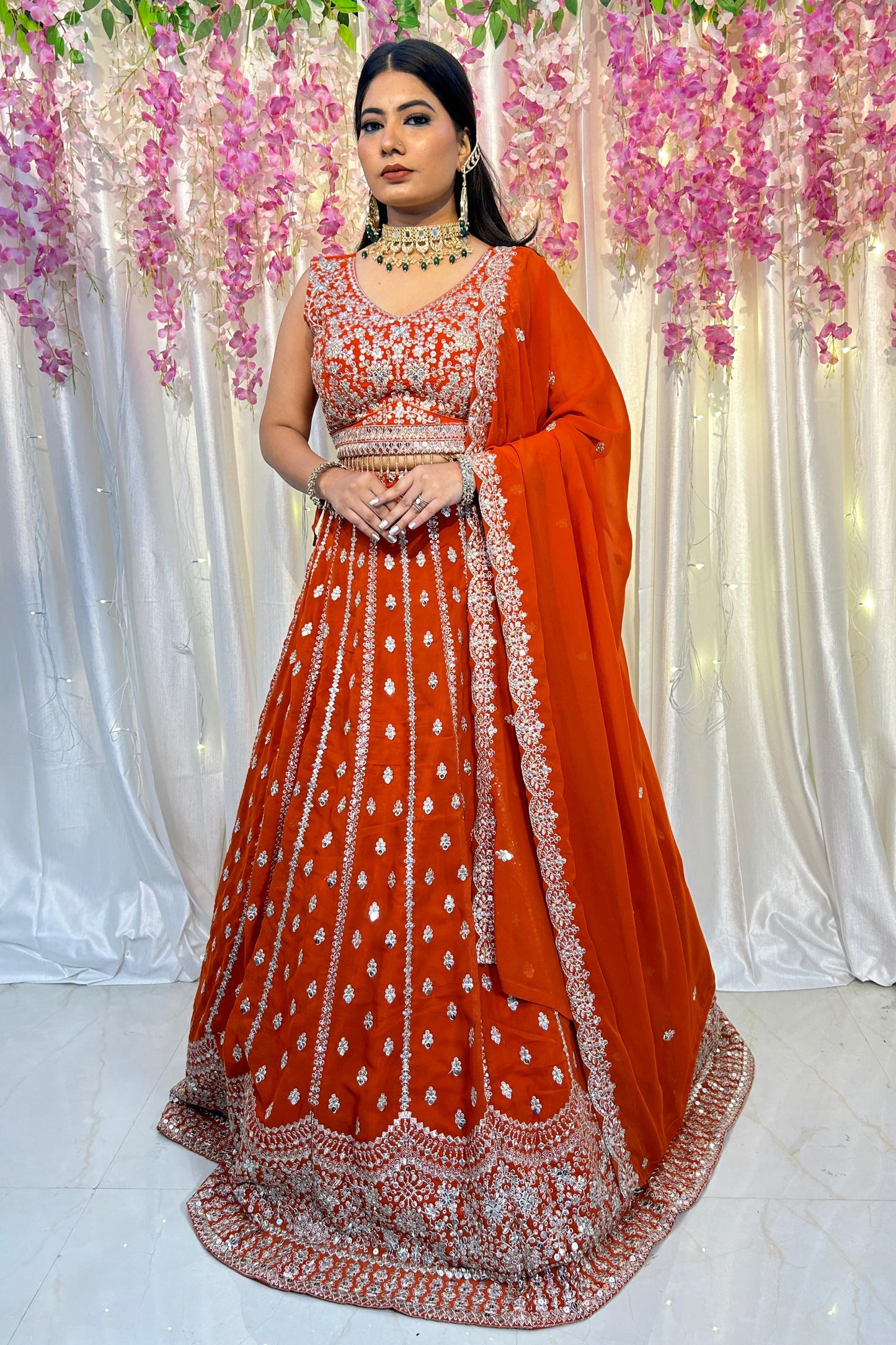 Full Flared Zari Embroidered Anarkali lehenga Choli In Georgette With Full Embroidered Duppatta