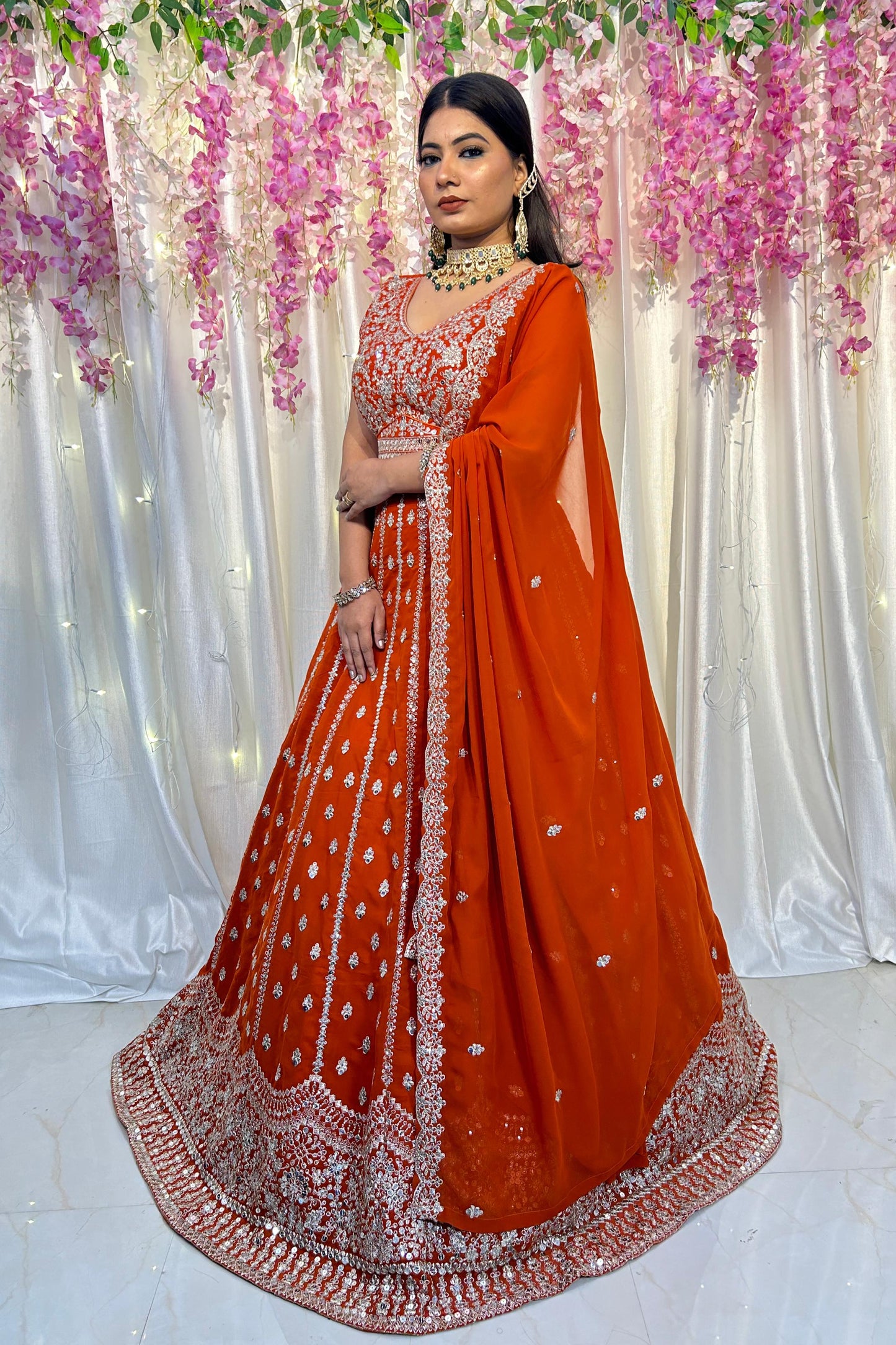 Full Flared Zari Embroidered Anarkali lehenga Choli In Georgette With Full Embroidered Duppatta