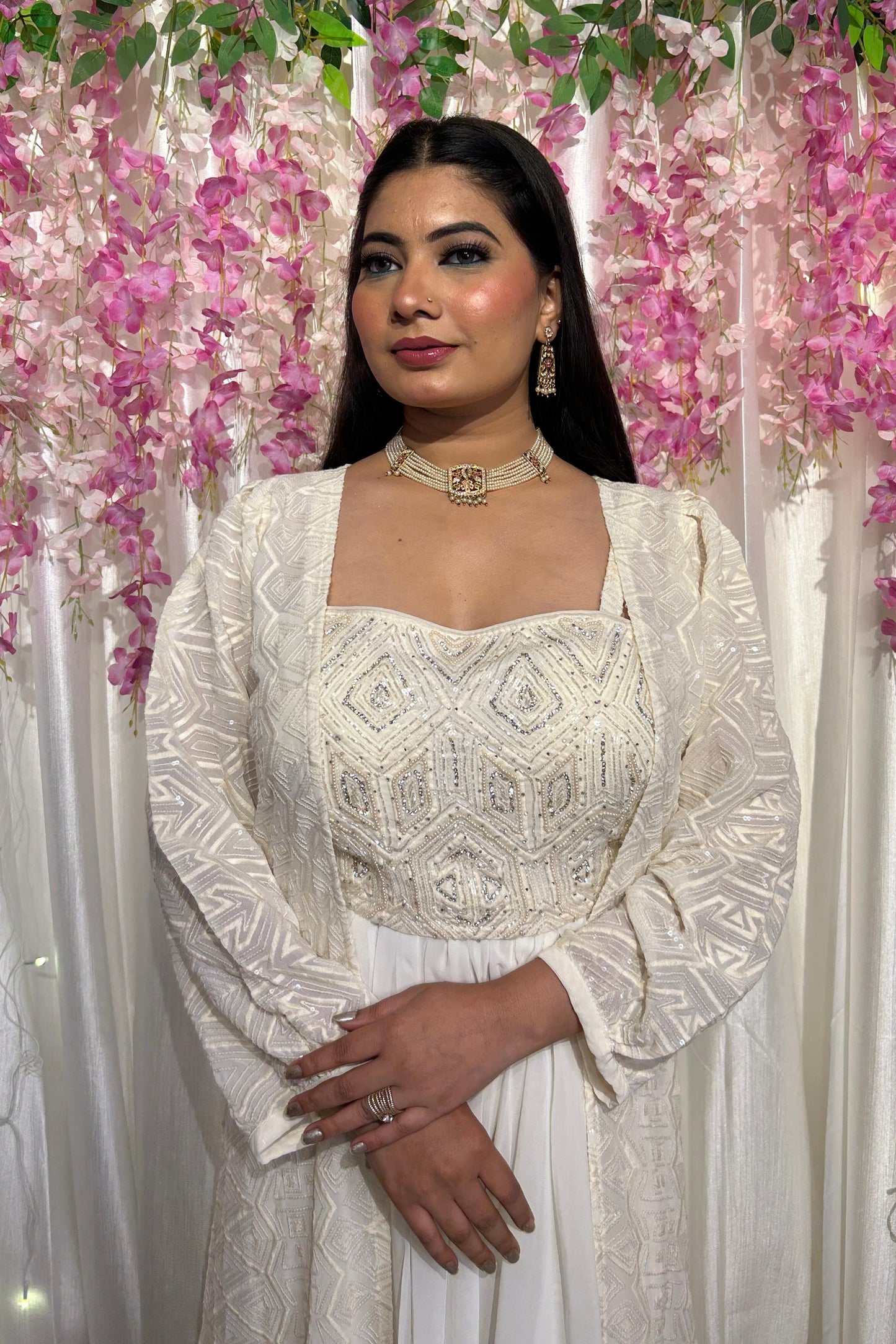 Indo Western Three Piece Dress With Chikan Thread Work Embroidery In Off White