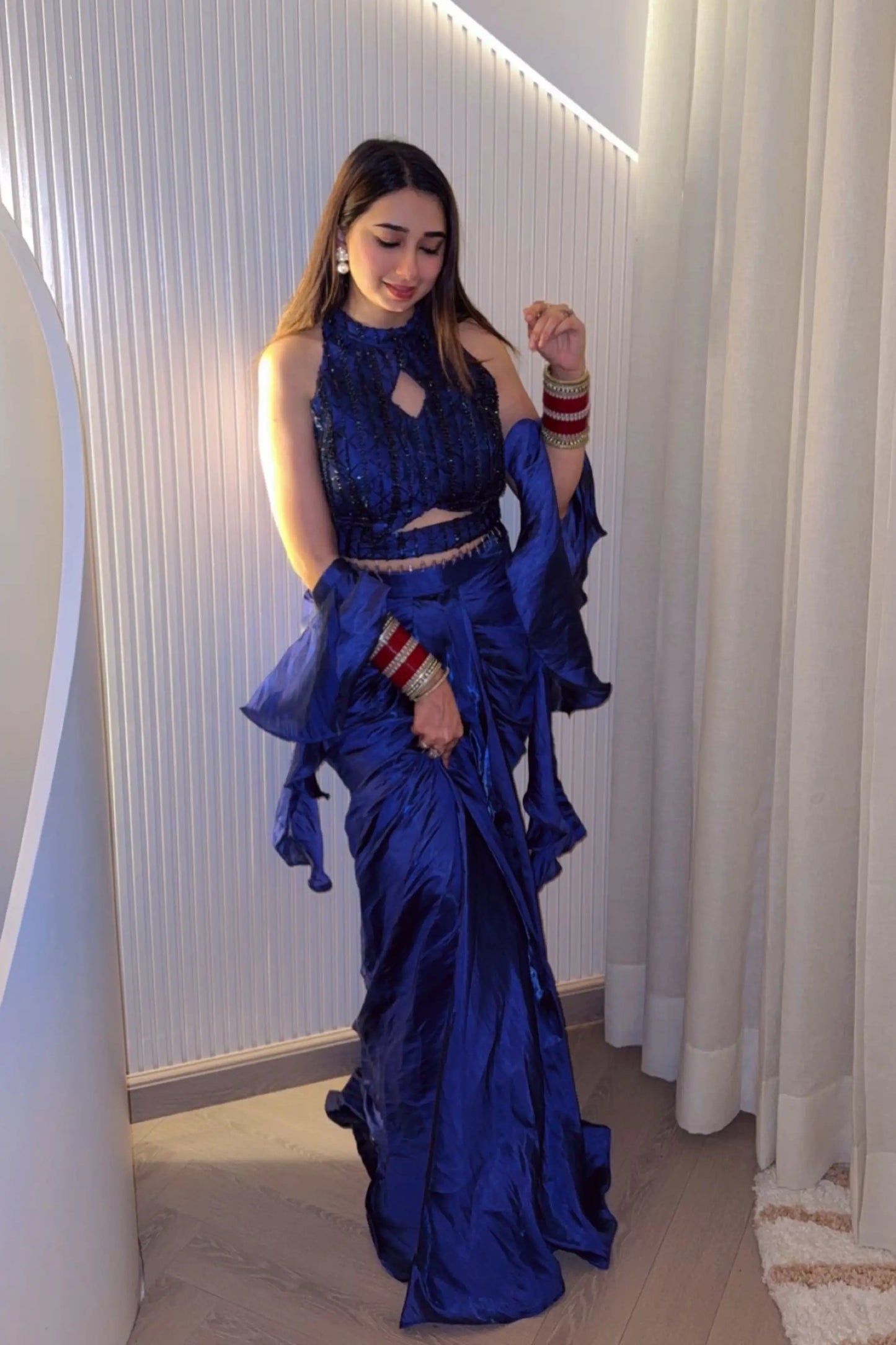 Halter Neck Blouse Designer Dress In Royal Blue