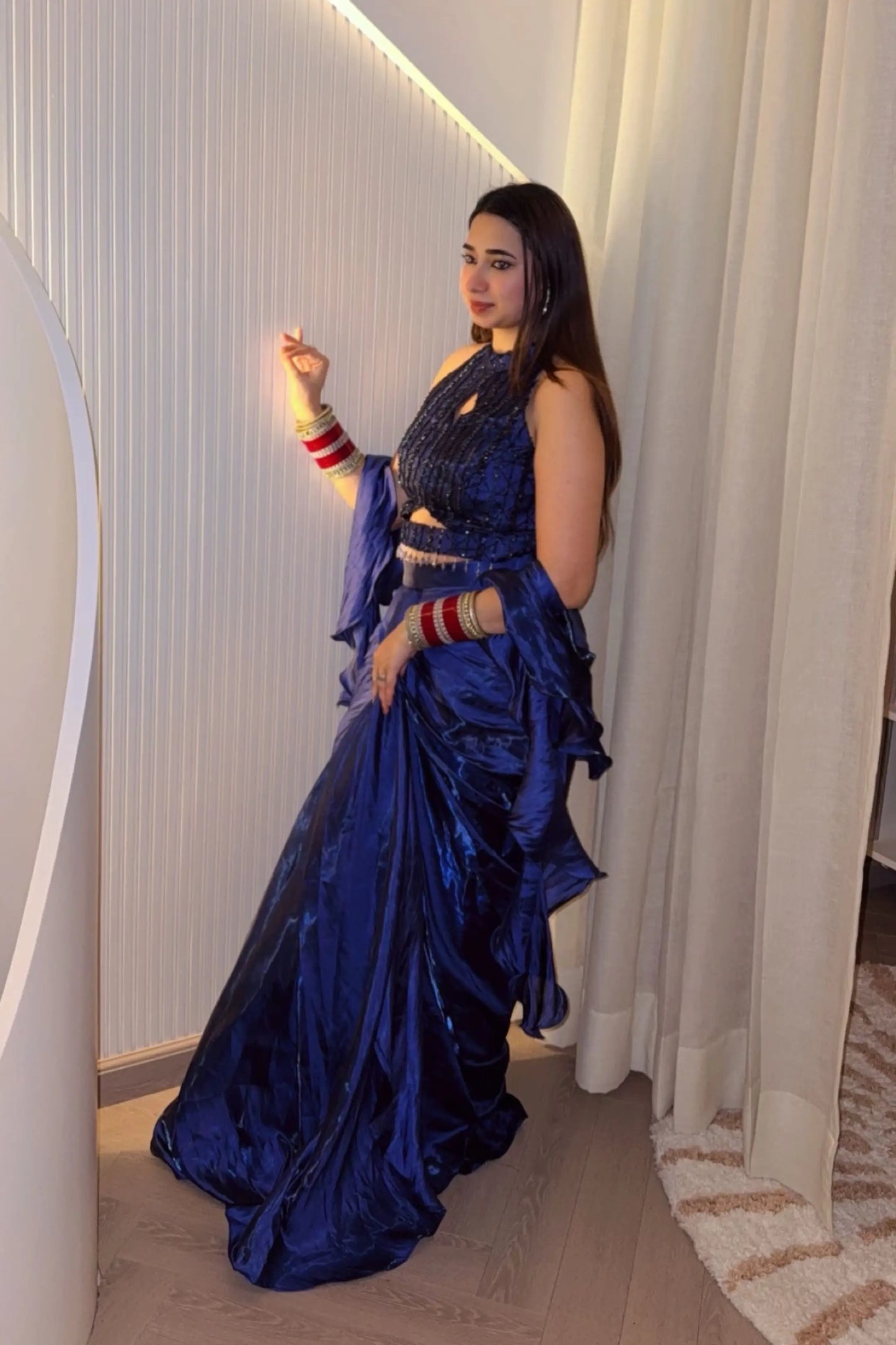 Halter Neck Blouse Designer Dress In Royal Blue