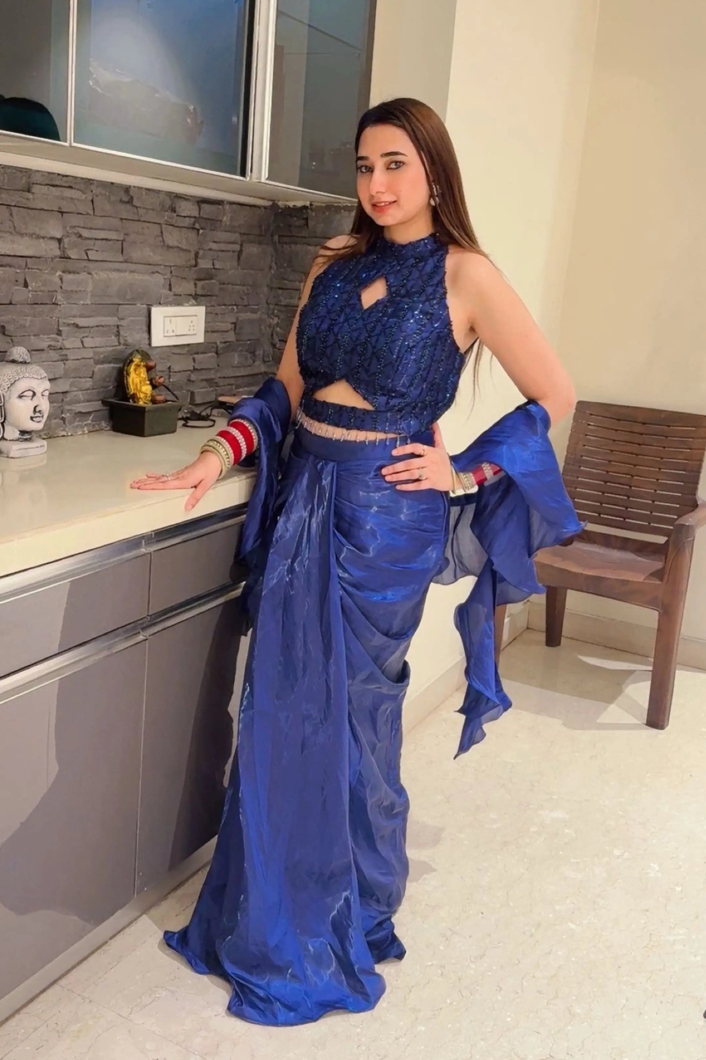 Halter Neck Blouse Designer Dress In Royal Blue