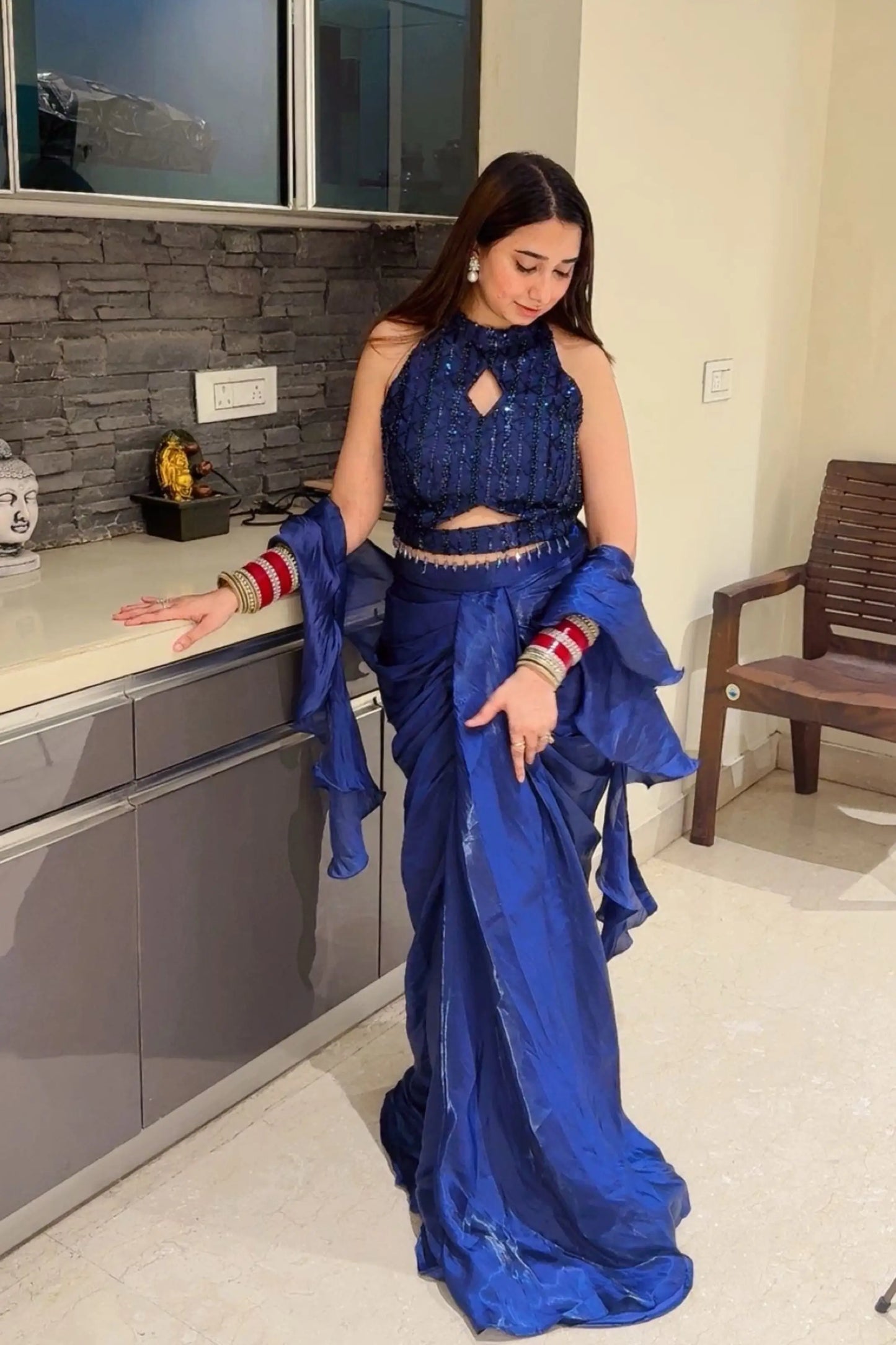Halter Neck Blouse Designer Dress In Royal Blue