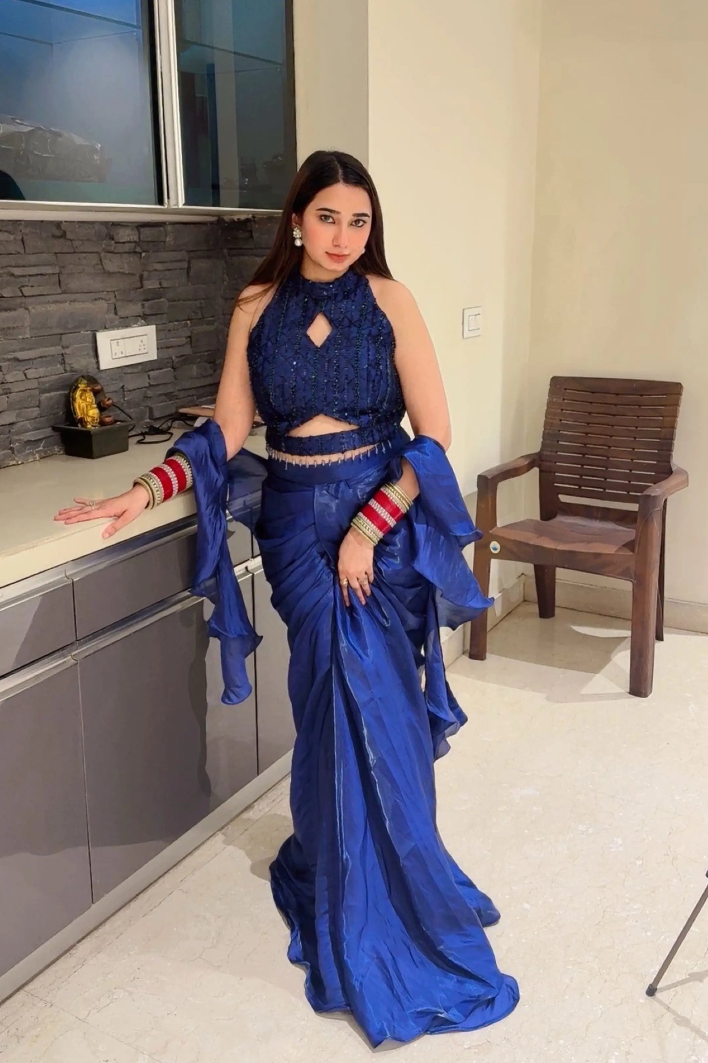 Halter Neck Blouse Designer Dress In Royal Blue