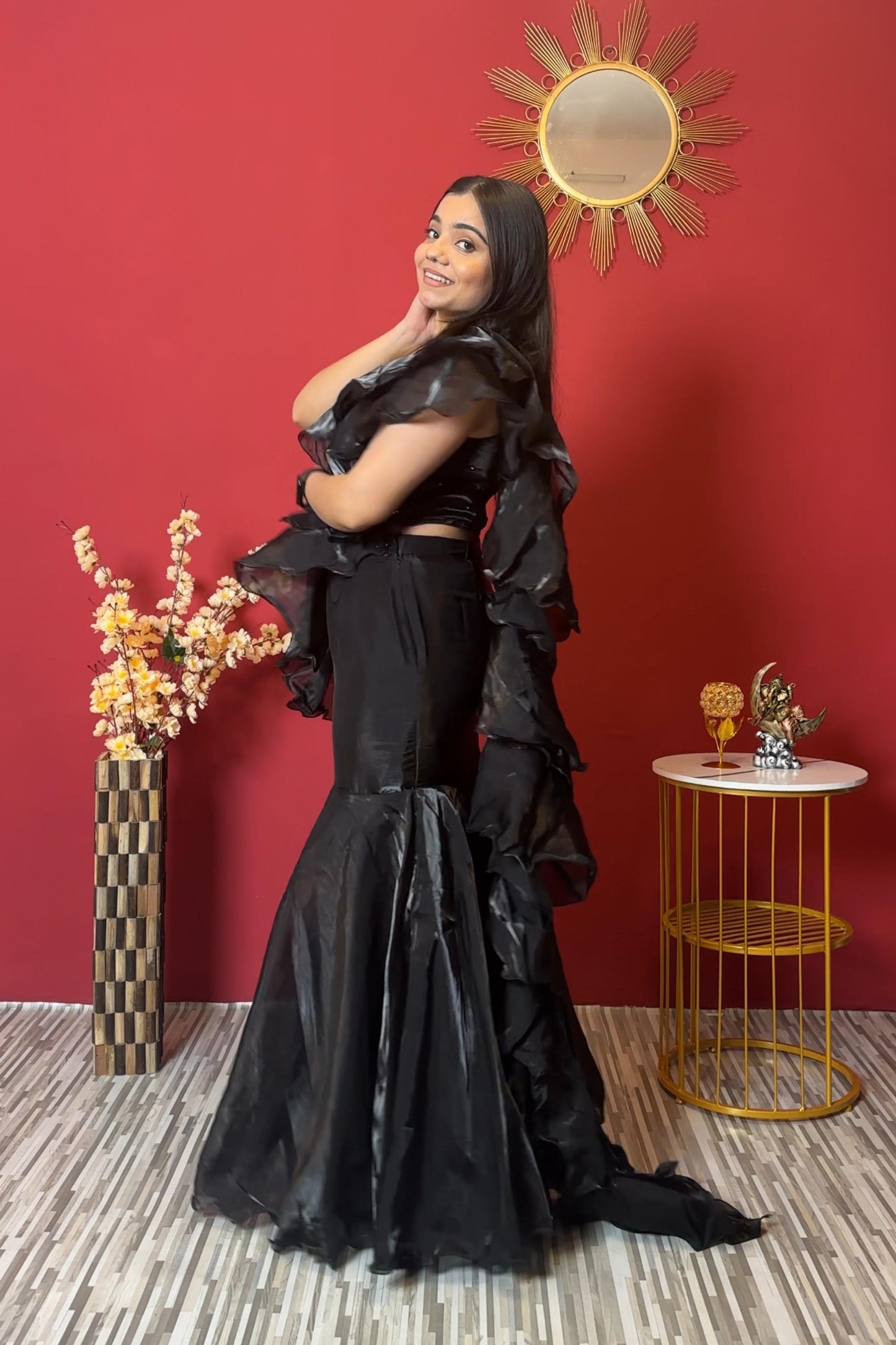 Beautiful FishCut Organza Dress In Black With Embellished Blouse