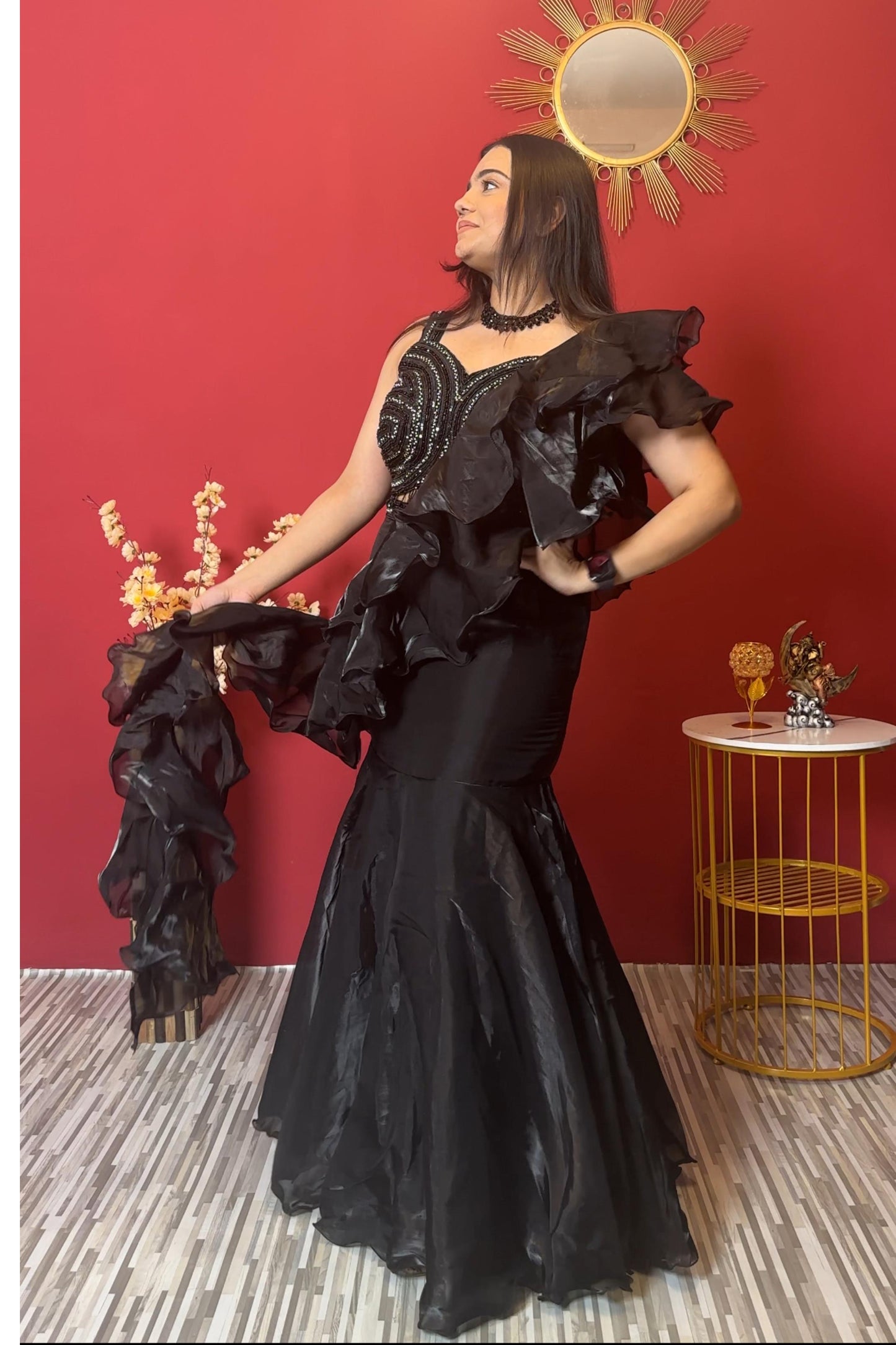 Beautiful FishCut Organza Dress In Black With Embellished Blouse