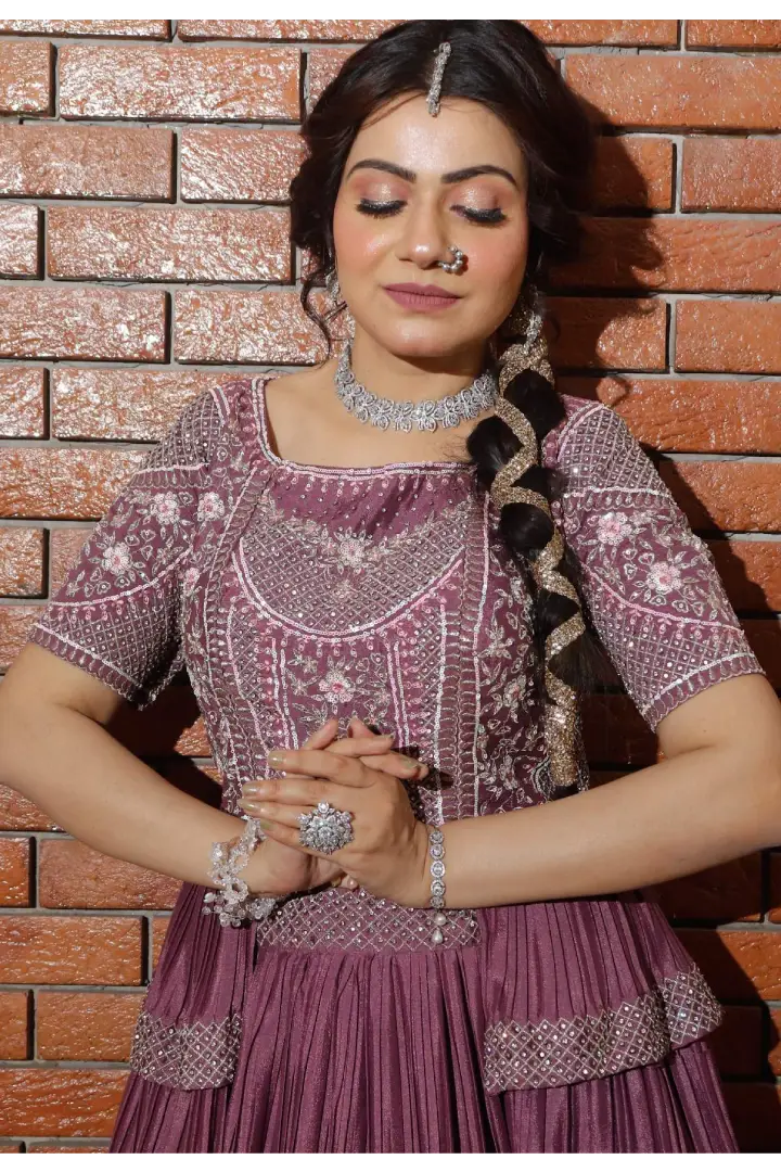 Indo Western Peplum Dress with Skirt In Mauve