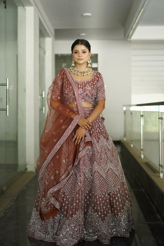 Heavy Embroidered Anarkali lehenga On Net In Beautiful Rust Shade