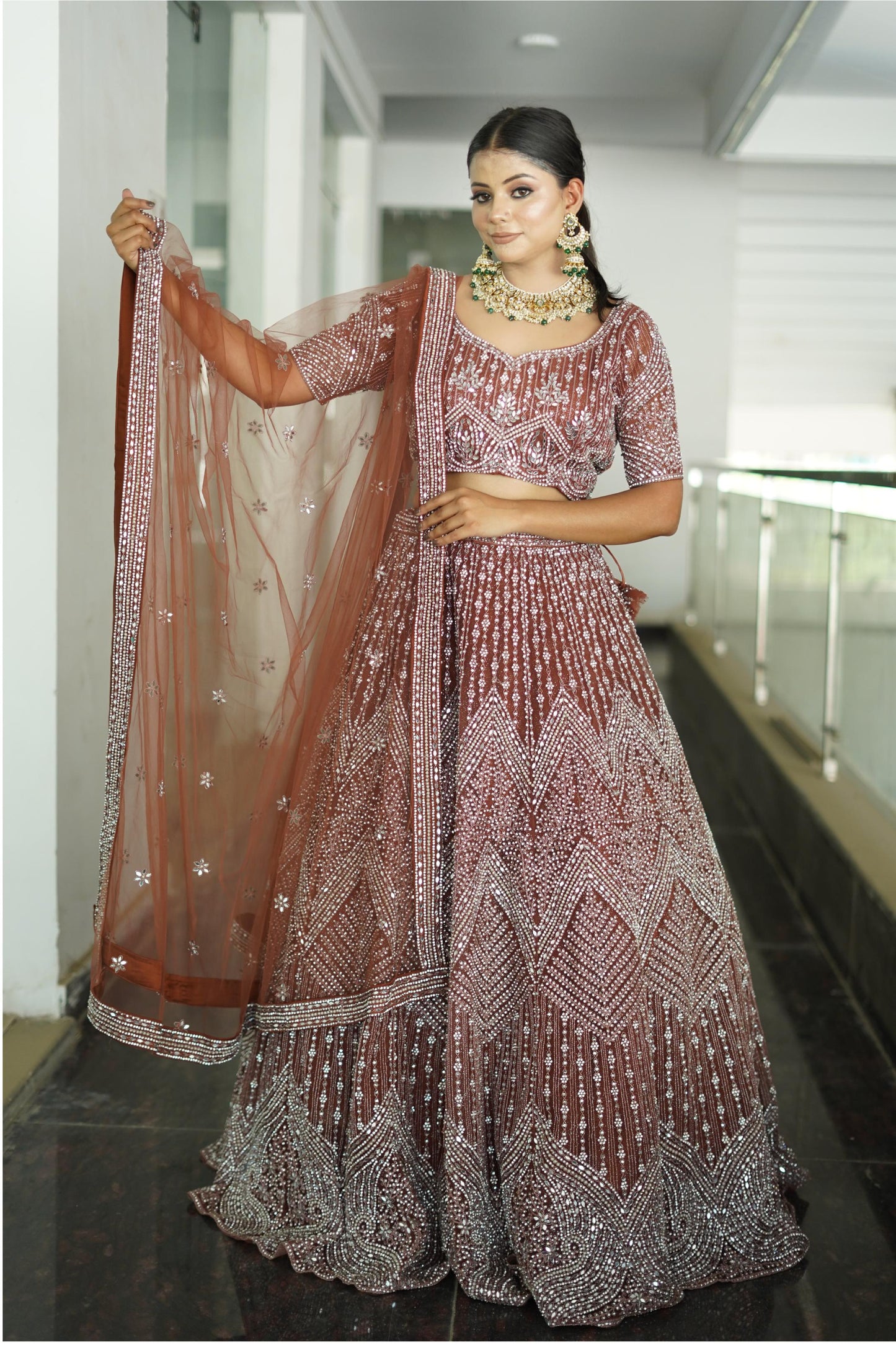Heavy Embroidered Anarkali lehenga On Net In Beautiful Rust Shade