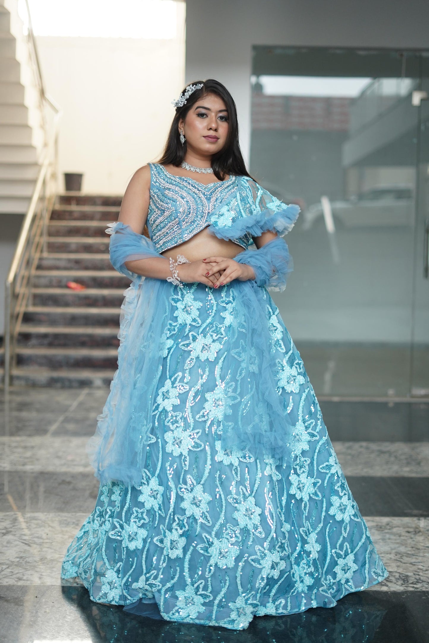 Cape Style Embellished Crop Top With Embroidered Flared Skirt In Sky Blue