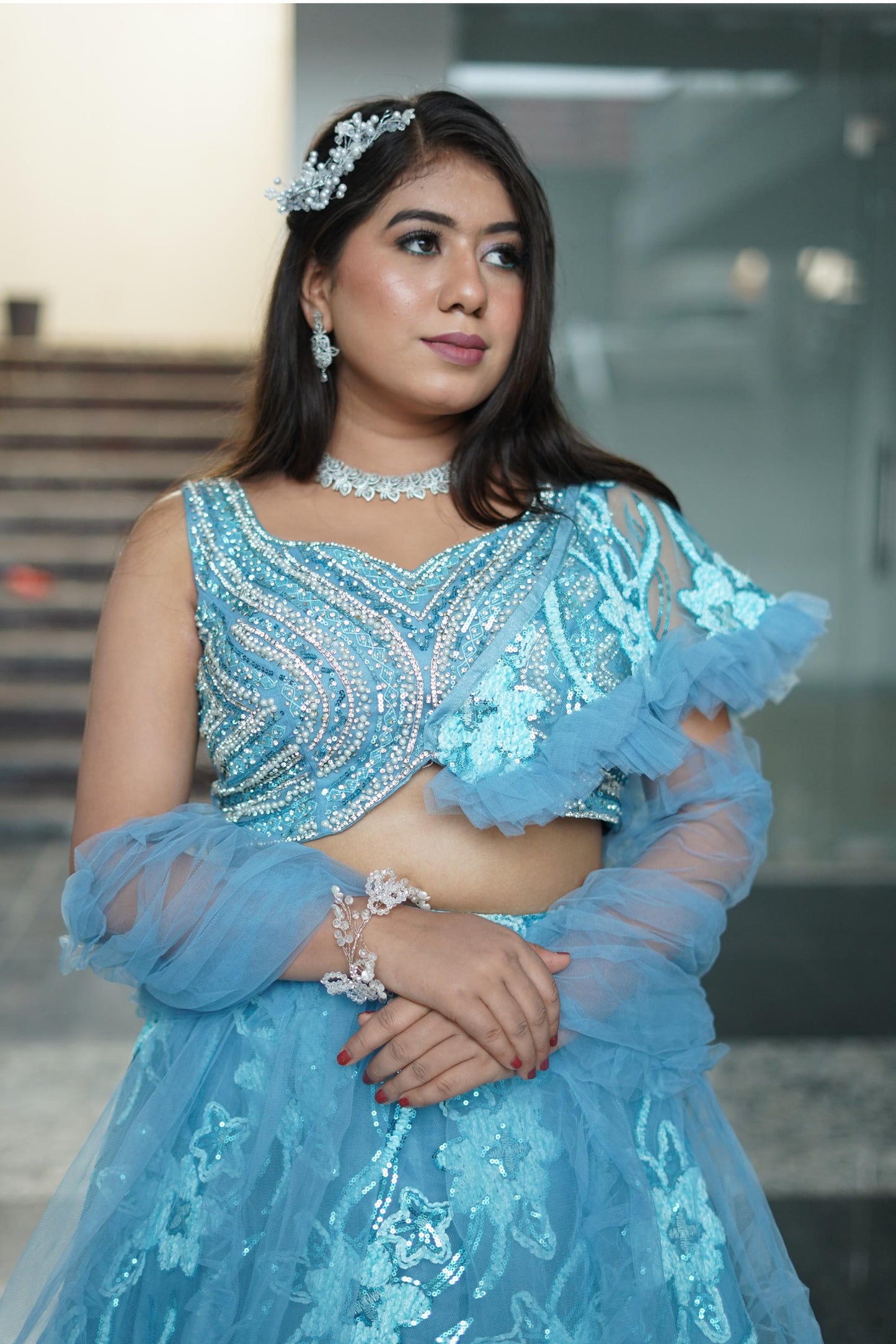 Cape Style Embellished Crop Top With Embroidered Flared Skirt In Sky Blue