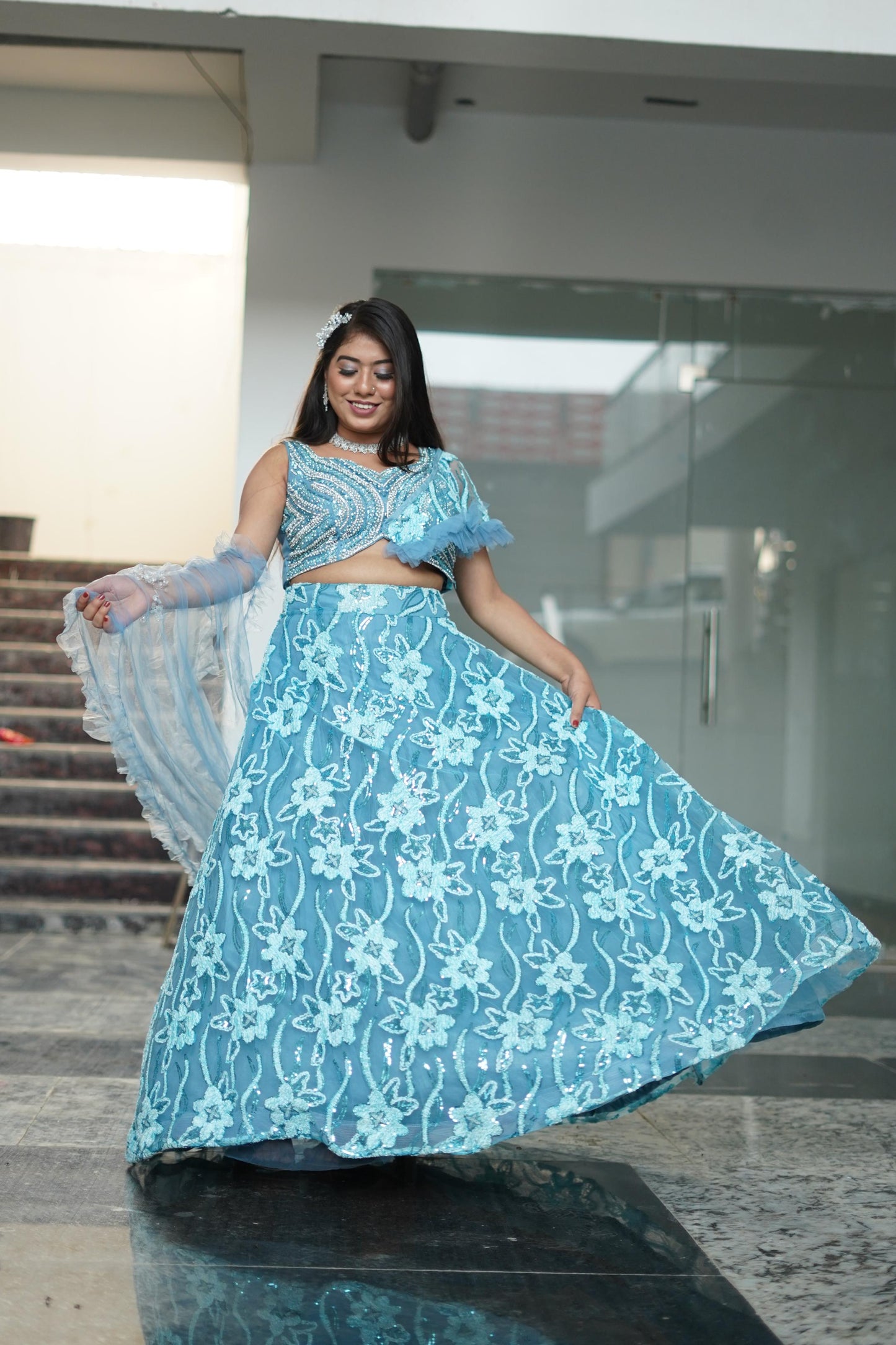 Cape Style Embellished Crop Top With Embroidered Flared Skirt In Sky Blue