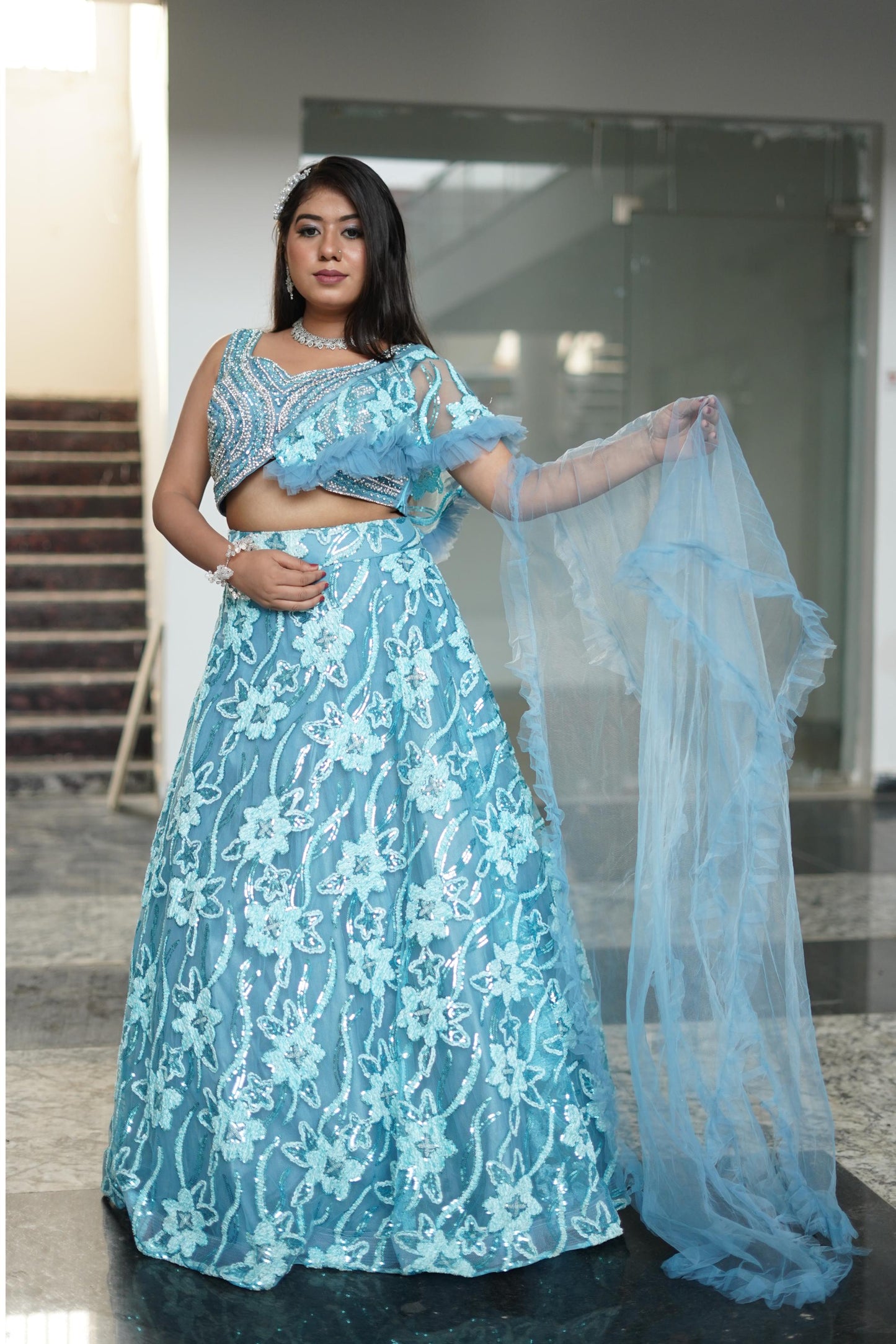 Cape Style Embellished Crop Top With Embroidered Flared Skirt In Sky Blue