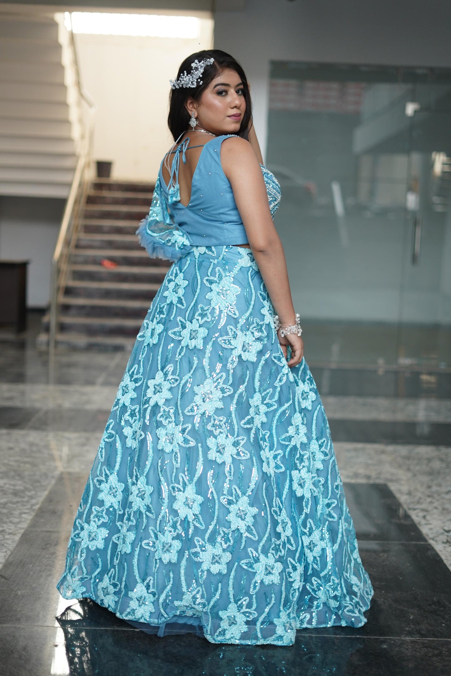 Cape Style Embellished Crop Top With Embroidered Flared Skirt In Sky Blue