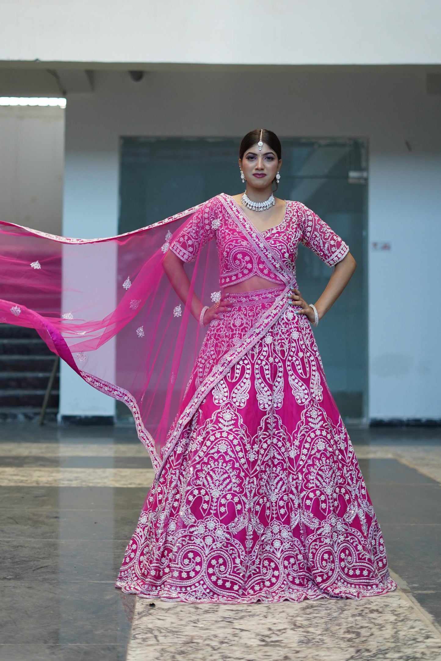 Full Embroidered Pearl Bead Work Lehenga Choli In Hot Pink Colour With Contrast Embroidery