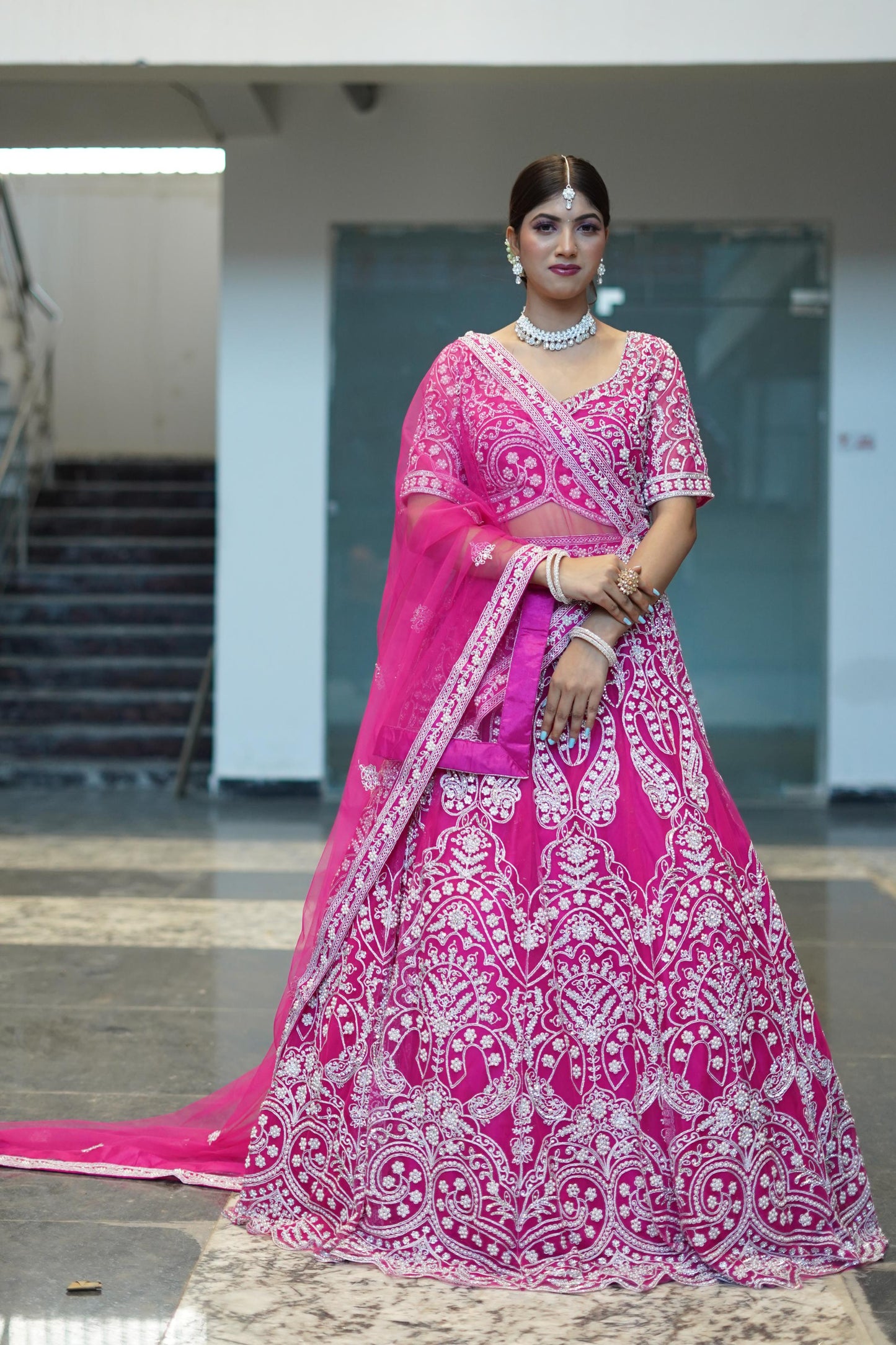 Full Embroidered Pearl Bead Work Lehenga Choli In Hot Pink Colour With Contrast Embroidery