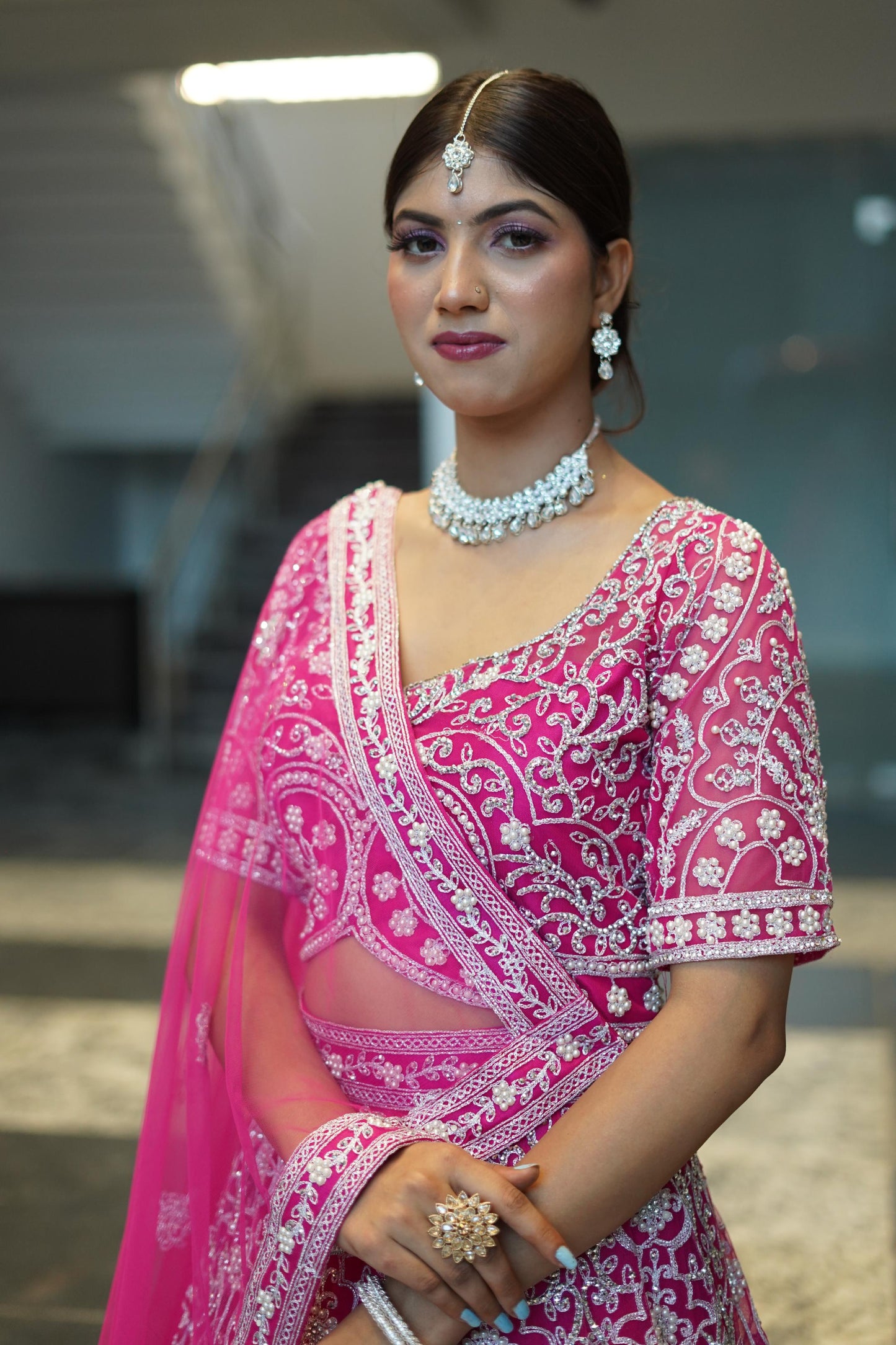 Full Embroidered Pearl Bead Work Lehenga Choli In Hot Pink Colour With Contrast Embroidery