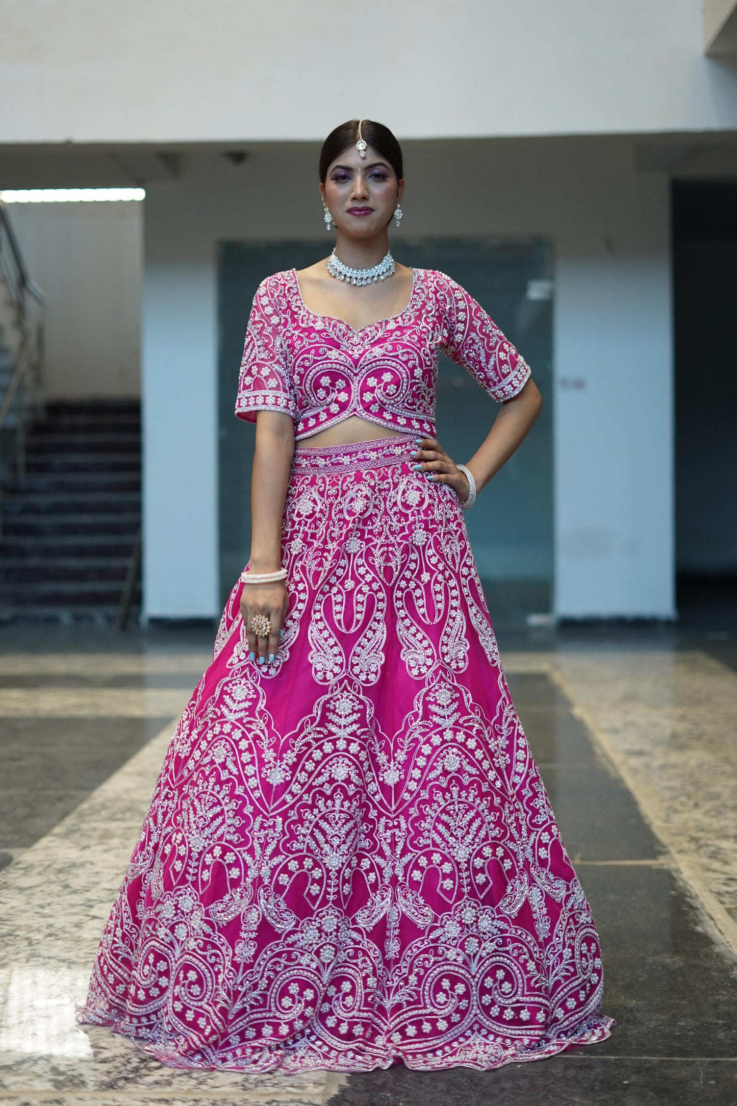 Full Embroidered Pearl Bead Work Lehenga Choli In Hot Pink Colour With Contrast Embroidery