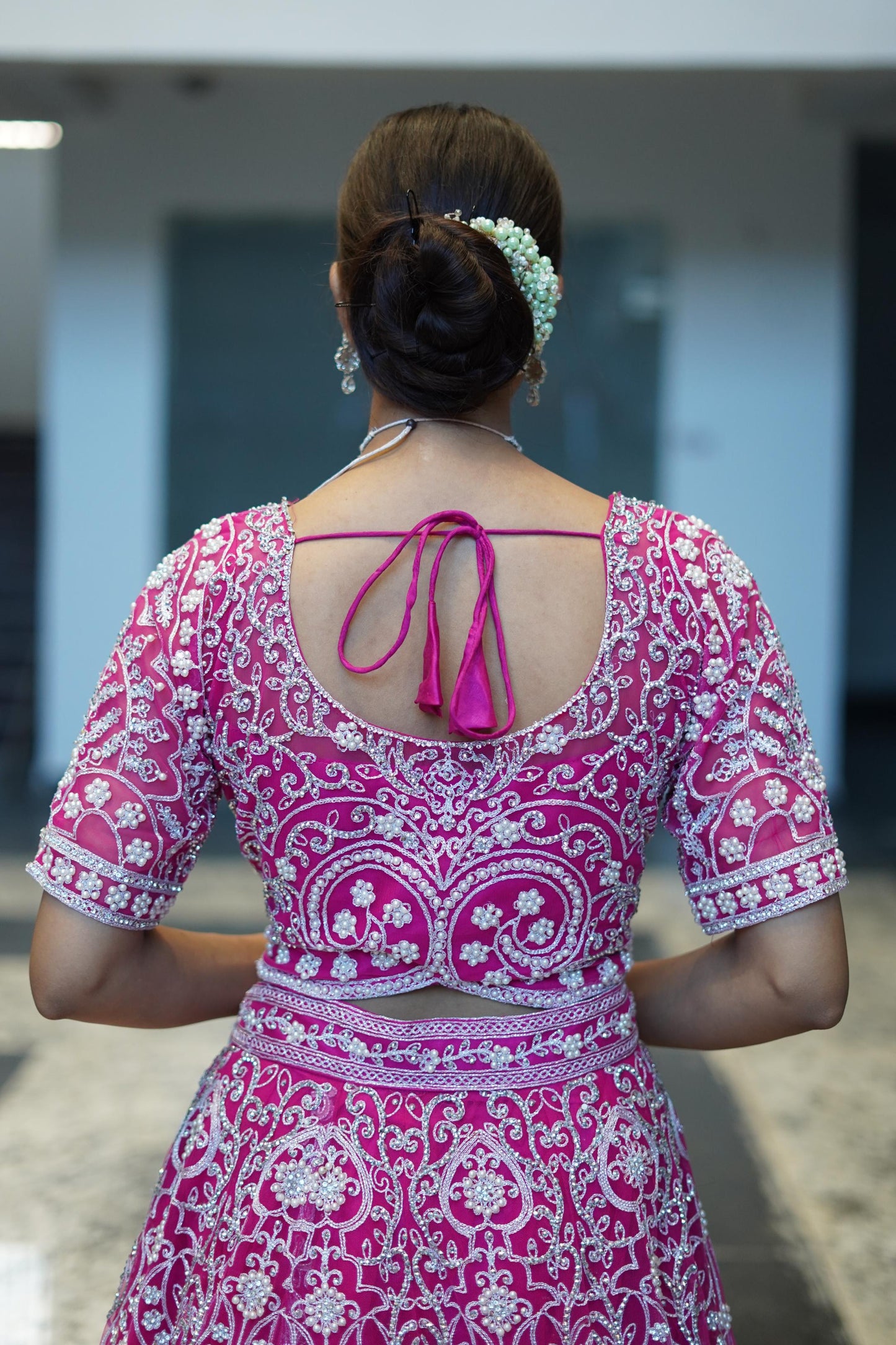 Full Embroidered Pearl Bead Work Lehenga Choli In Hot Pink Colour With Contrast Embroidery