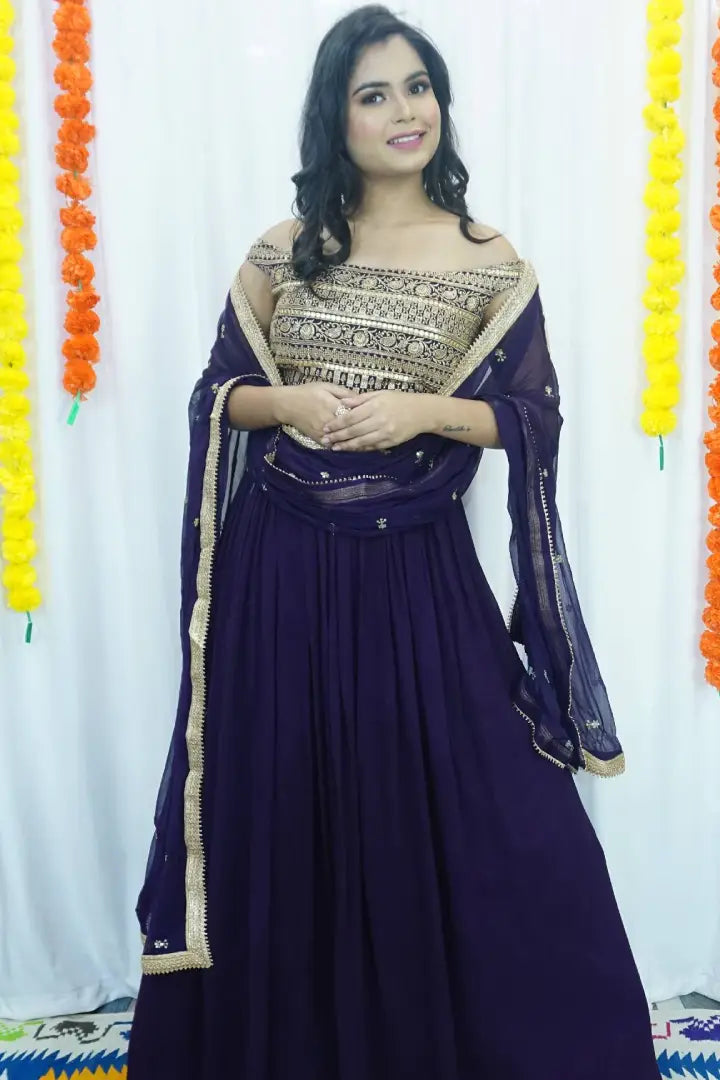 Broad Shoulder Lehenga Choli In Wine