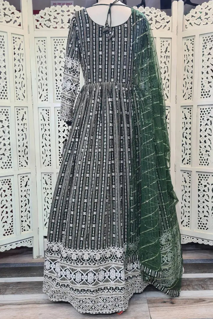 Georgette Anarkali Dress With Duppatta in Bottle Green